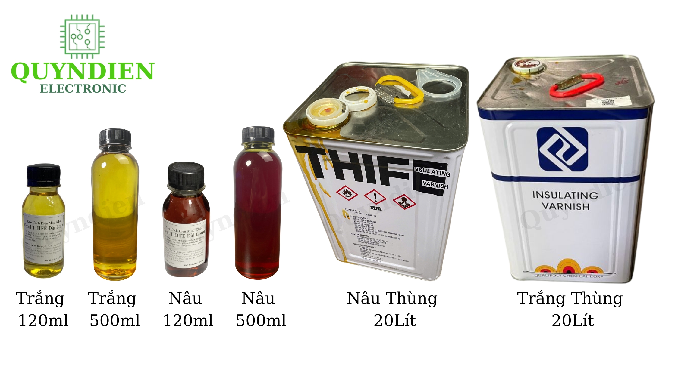 Các loại keo vecni cách điện THIFE – Đa dạng dung tích (120ml, 500ml, 20 lít), màu nâu và trắng, phù hợp cho thợ sửa chữa, DIY và sản xuất motor.