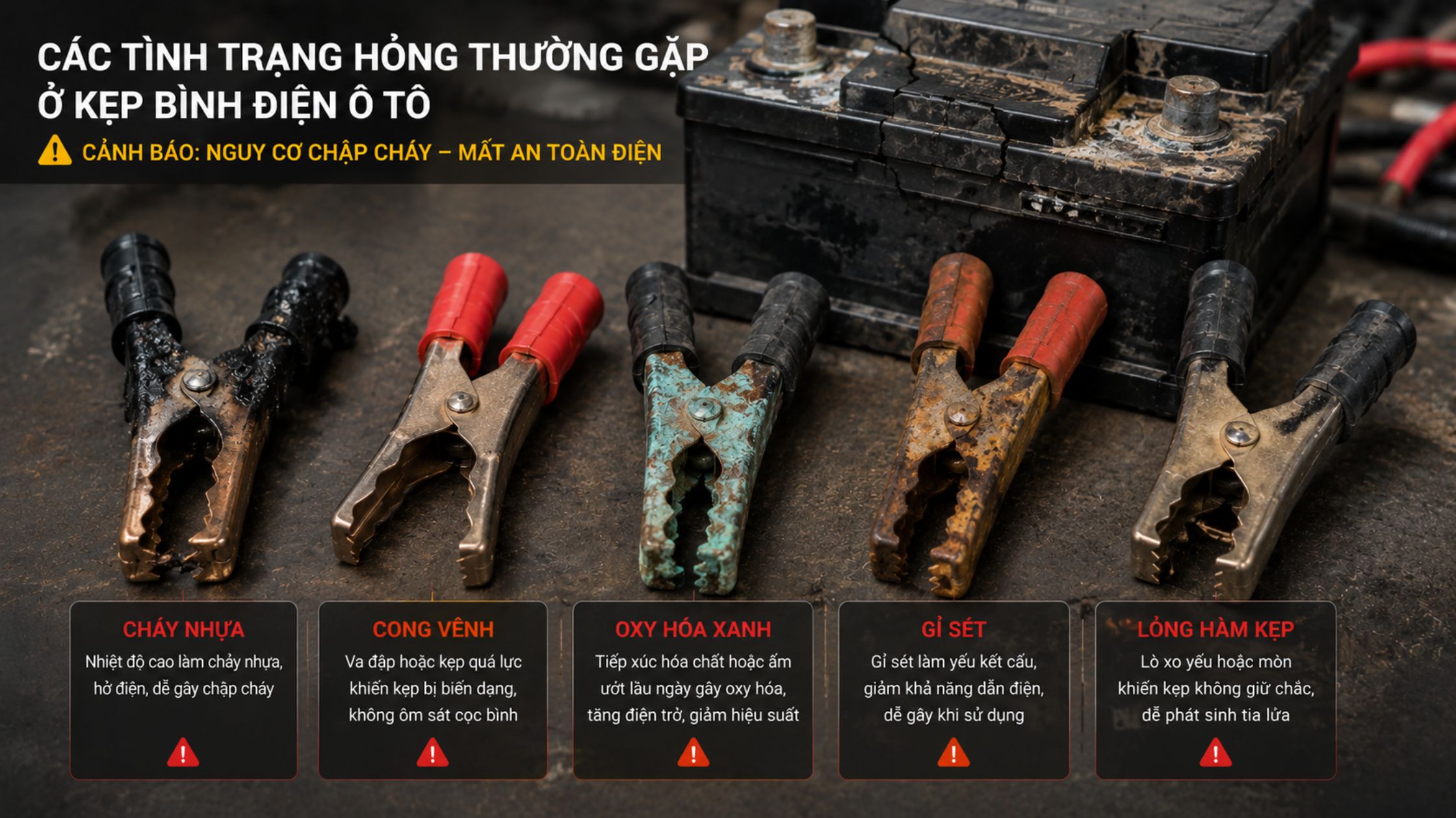 Kẹp bình điện bị nóng, gỉ hoặc lỏng là dấu hiệu nên thay mới để đảm bảo an toàn.