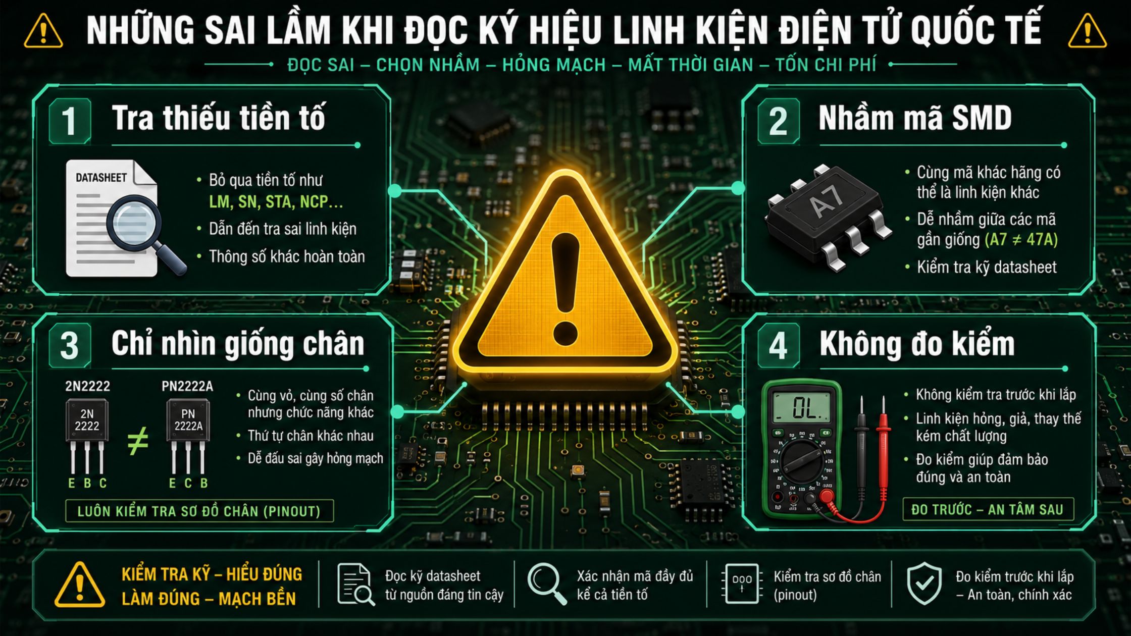 Những lỗi thường gặp khi đọc mã linh kiện là bỏ tiền tố, tra mã SMD quá vội và thay sai linh kiện