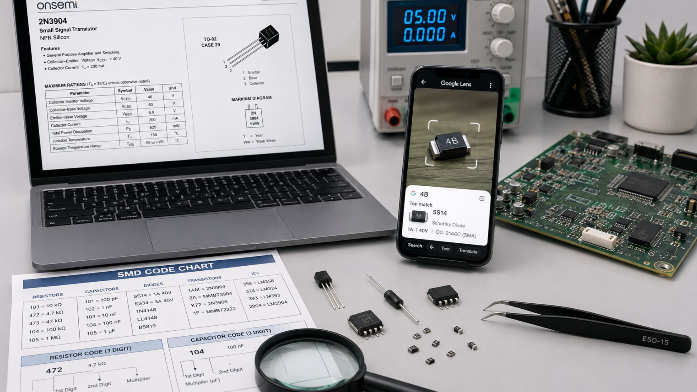 Bộ tài liệu tra mã linh kiện nên có bảng mã SMD, datasheet, ứng dụng tra cứu và kính lúp kỹ thuật