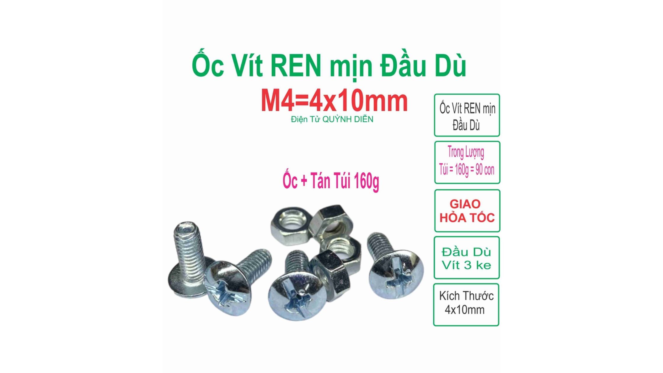 Bộ ốc vít ren mịn đầu dù M4x10mm + tán, chắc chắn, dễ lắp đặt.