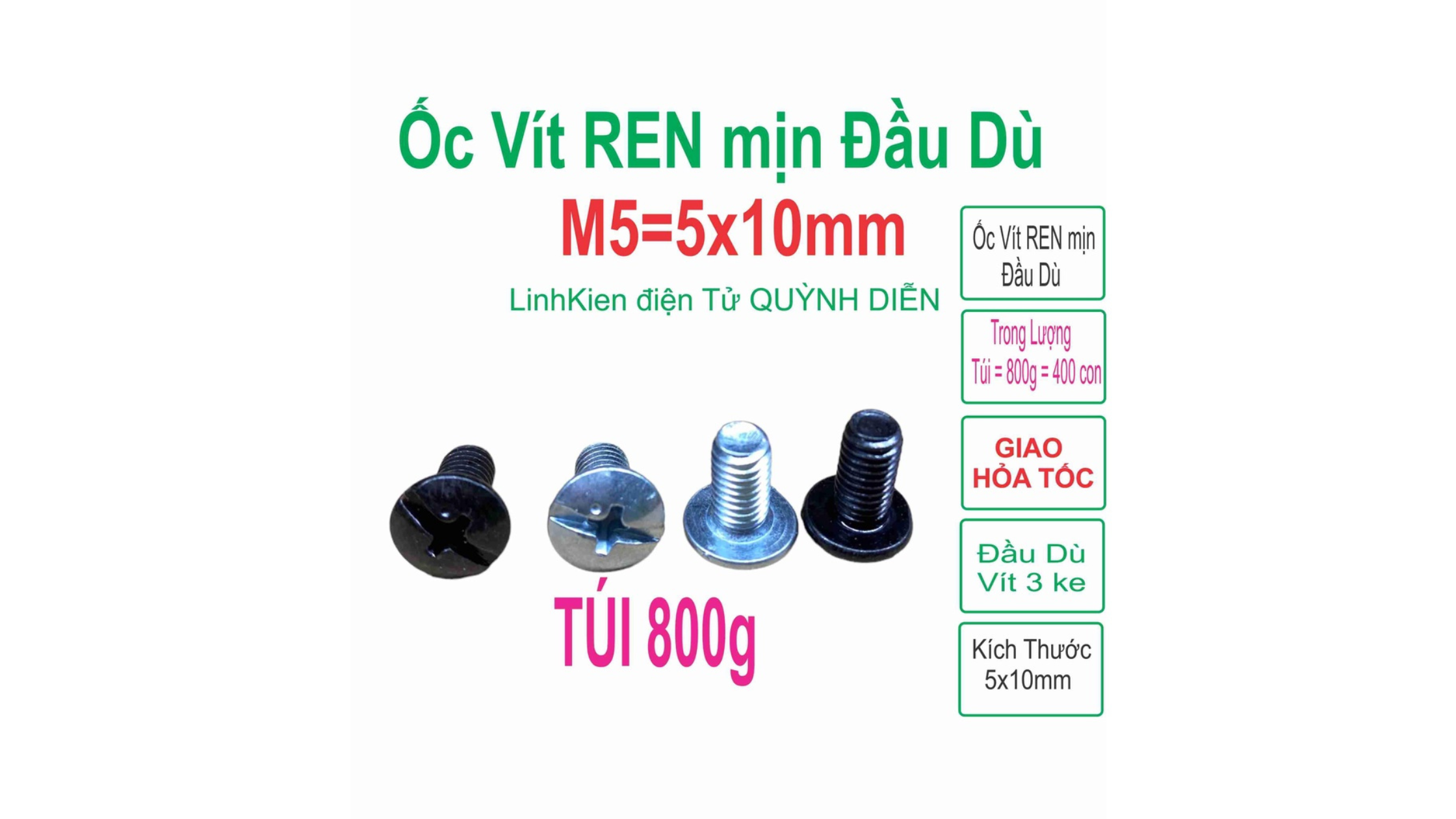Ốc vít ren mịn đầu dù M5x10mm – linh kiện cơ khí dùng cho lắp ráp điện tử