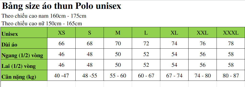 Bảng size áo thun Polo