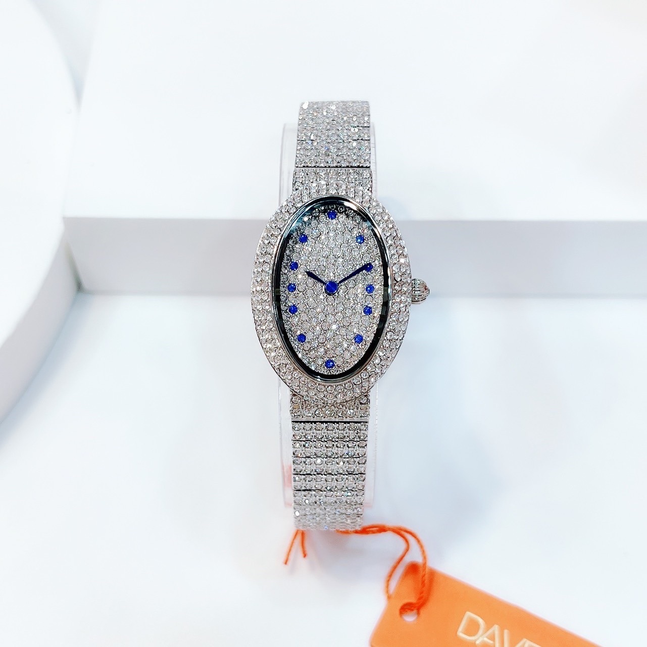 Đồng Hồ Davena Mặt Oval |Nữ Giới |Đính Đá Xanh |Vòng Tay Trắng Silver |Máy Pin (Quartz) |Size 28mm |donghogiatot.vn