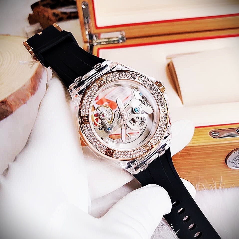 Đồng Hồ Davena Lộ Cơ |Unisex |Đính Đá |Rose Gold |Dây Silicone Đen |Máy Cơ (Automatic) |Size 42mm |donghogiatot.vn