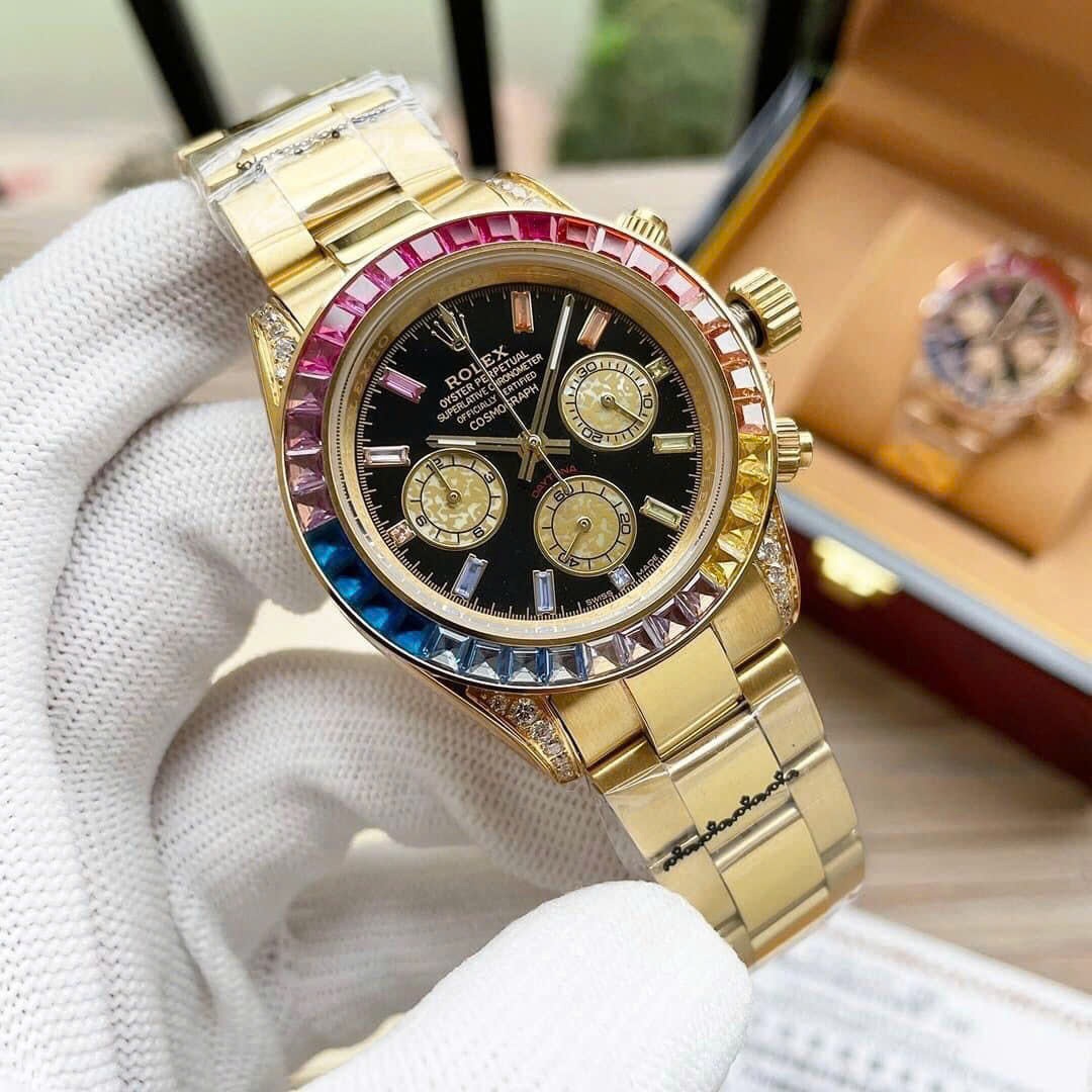 Đồng Hồ Rolex Daytona Rainbow |Nam Giới |Đính Đá |Dây Kim Loại Vàng Gold |Máy Cơ (Automatic) |Size 40mm |donghogiatot.vn