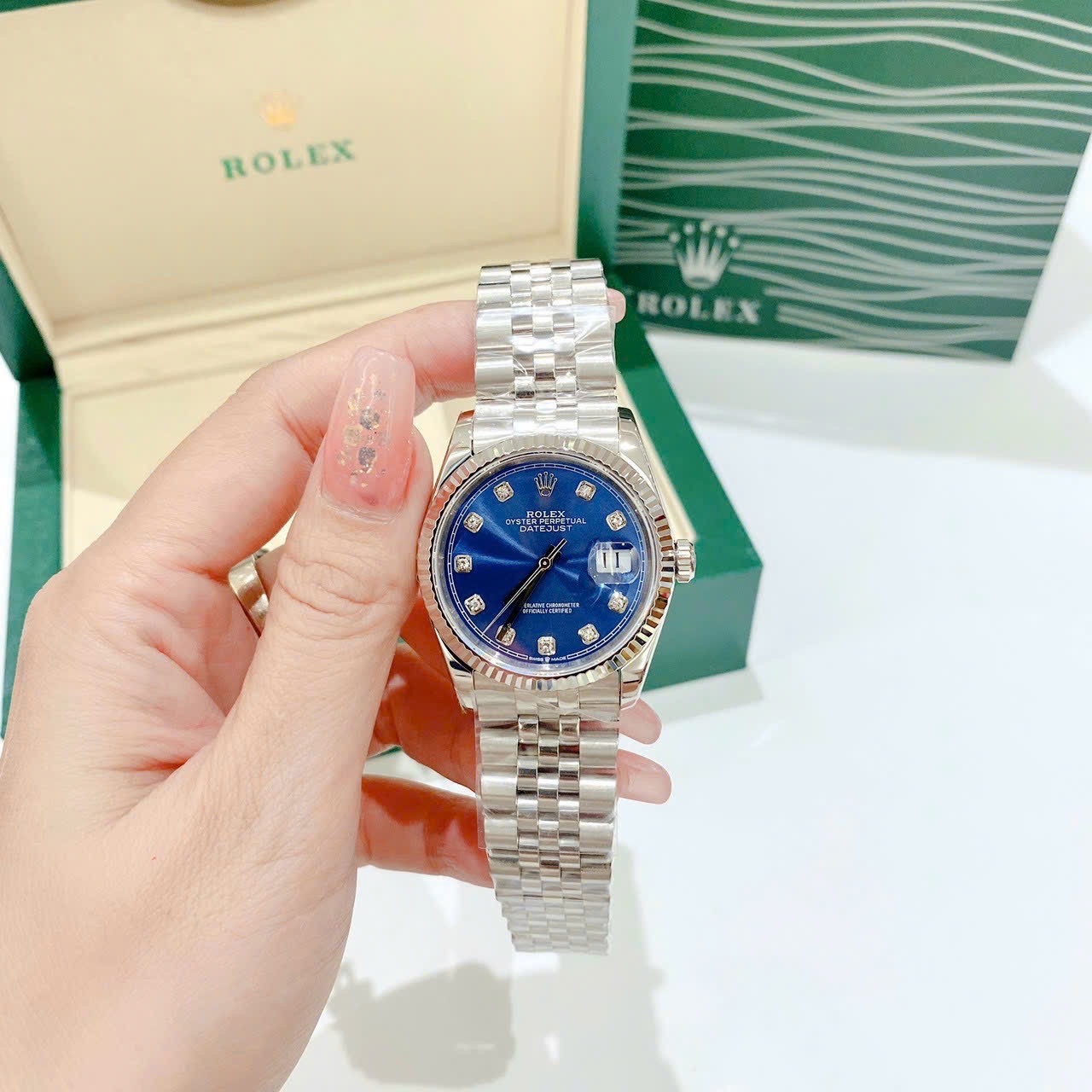 Đồng Hồ Rolex Niềng Khía |Nữ Giới |Mặt Xanh Dương |Dây Kim Loại Silver |Máy Cơ (Automatic) |Size 36mm |donghogiatot.vn