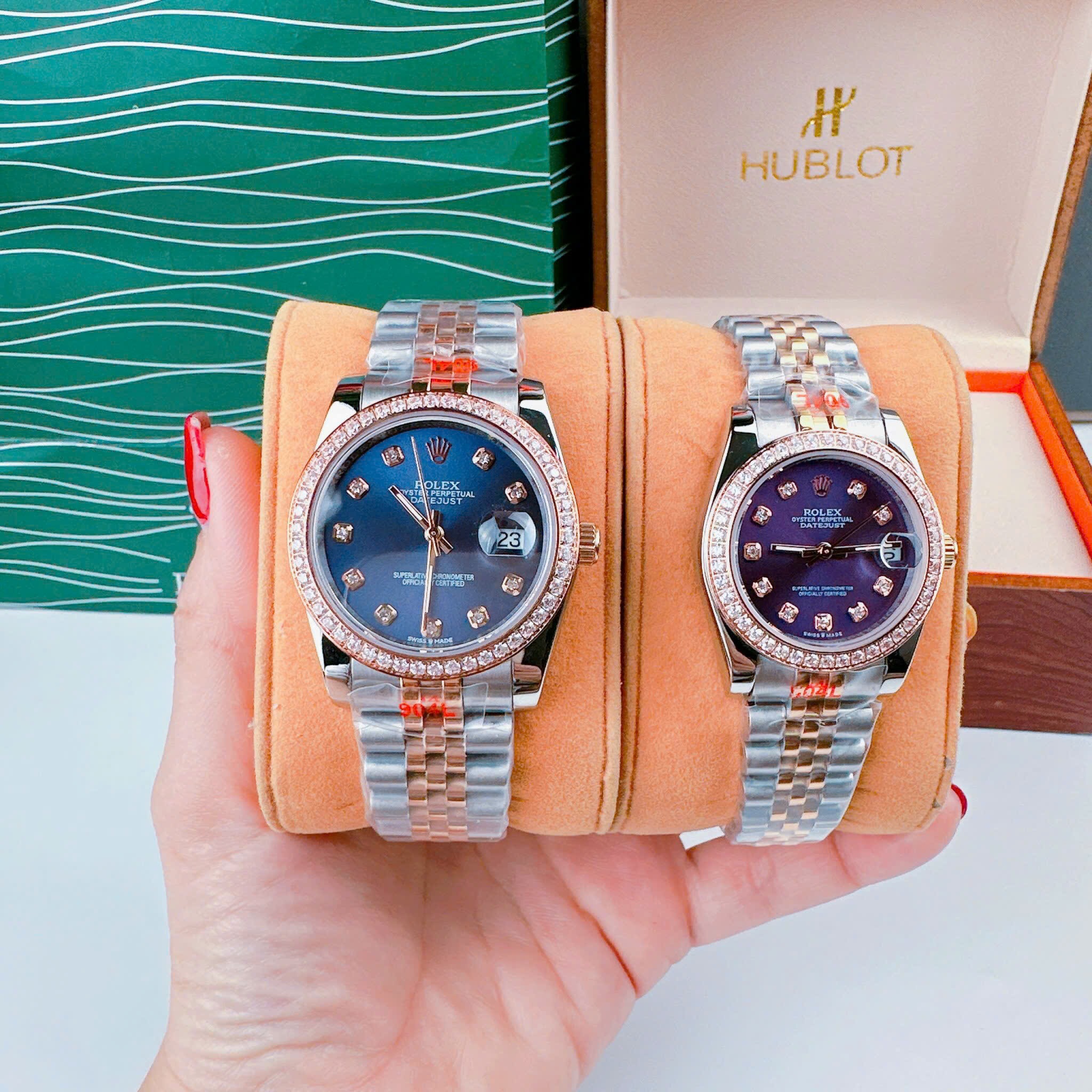 Đồng Hồ Rolex Đính Đá |Cặp Đôi |Mặt Xanh Dương |Dây Kim Loại Demi Rose Gold |Máy Pin (Máy Quartz) |Size 36x31mm |donghogiatot.vn