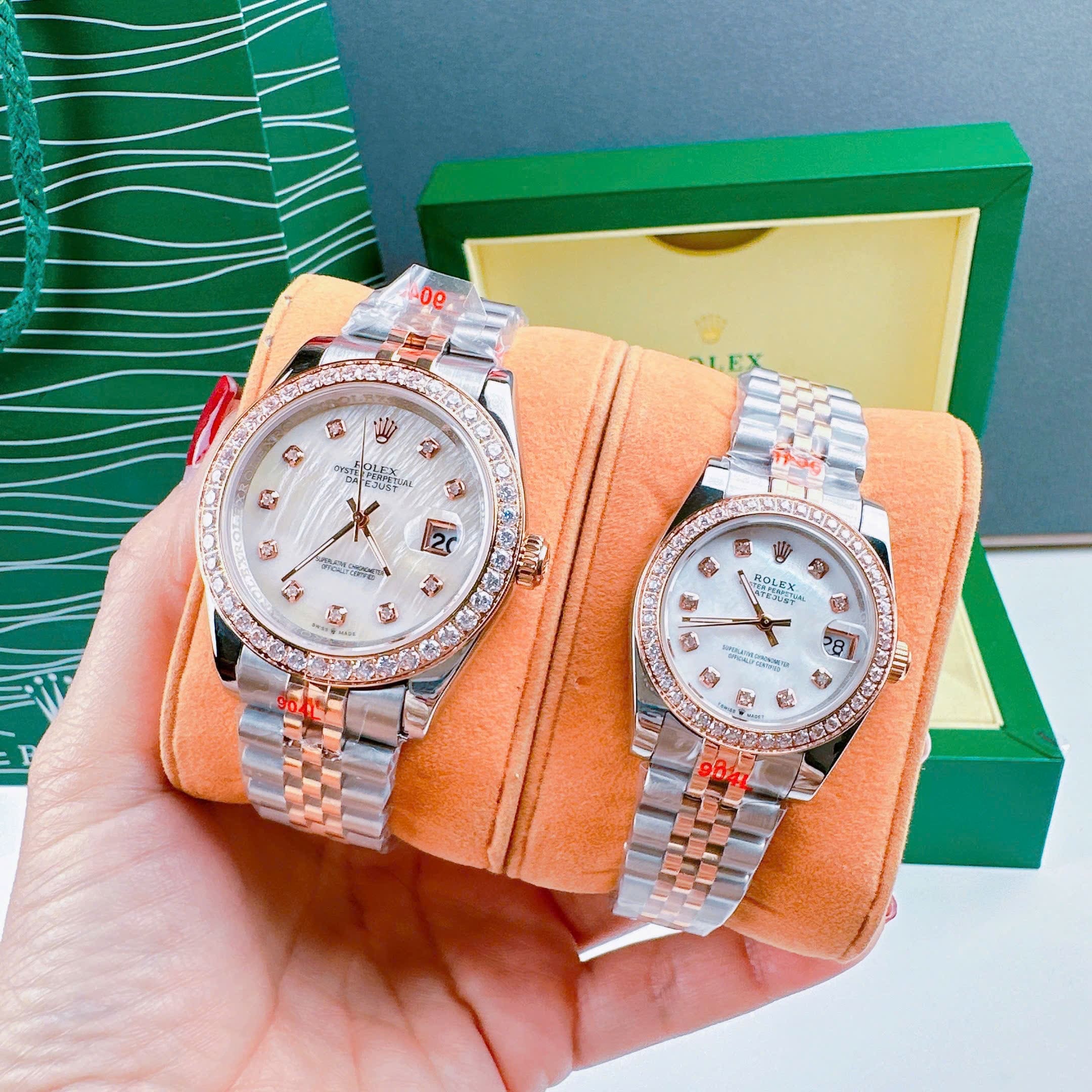 Đồng Hồ Rolex Đính Đá |Cặp Đôi |Mặt Trắng |Dây Kim Loại Demi Rose Gold |Máy Cơ (Automatic) |Size 41x31mm |donghogiatot.vn