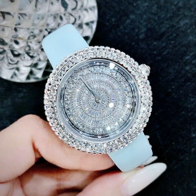 Đồng Hồ Davena Mặt Xoay |Nữ Giới |Full Đá Trắng Silver |Dây Da Xanh |Máy Pin (Quartz) |Size 39mm |donghogiatot.vn