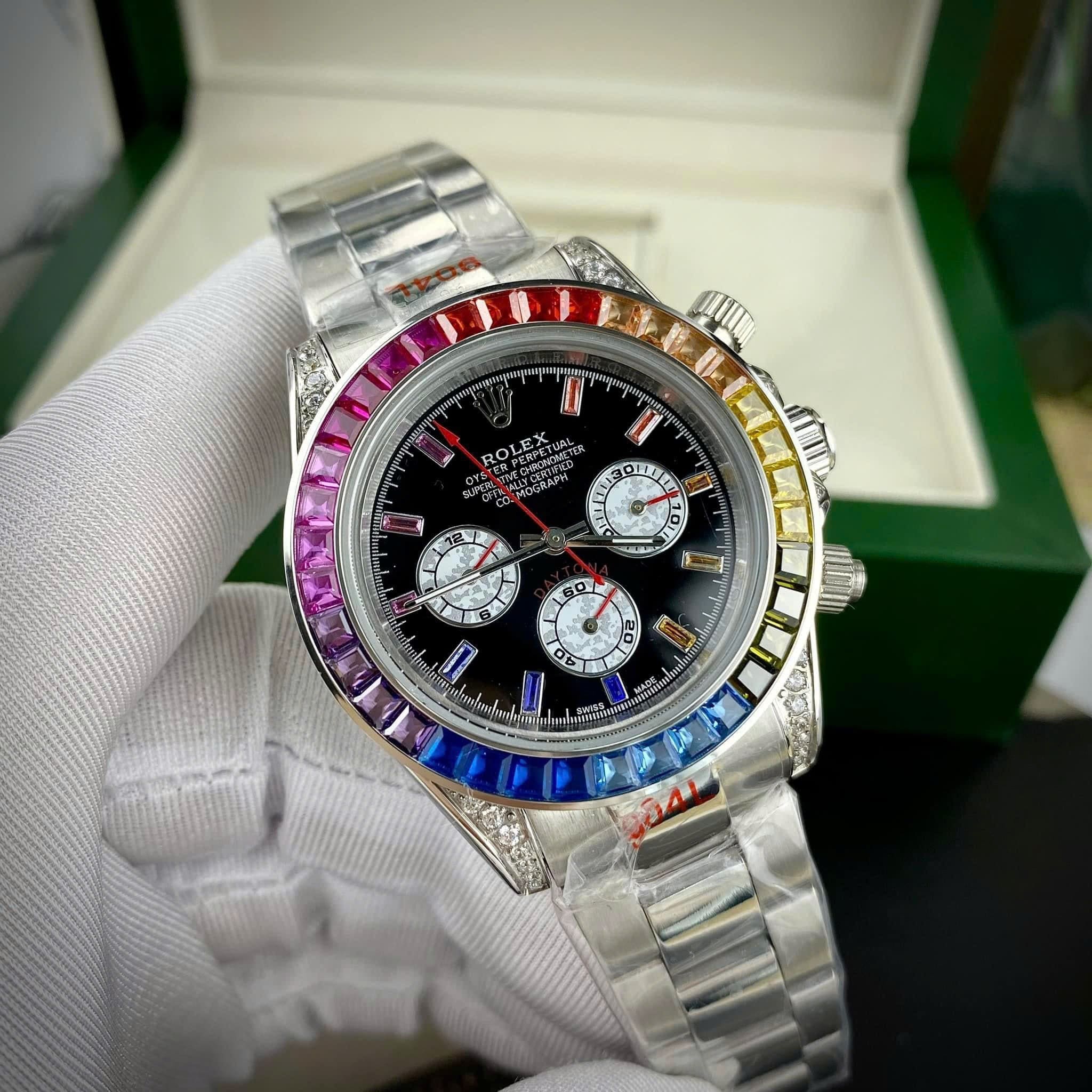 Đồng Hồ Rolex Daytona Rainbow |Nam Giới |Đính Đá |Dây Kim Loại Trắng Silver |Máy Cơ (Automatic) |Size 40mm |donghogiatot.vn