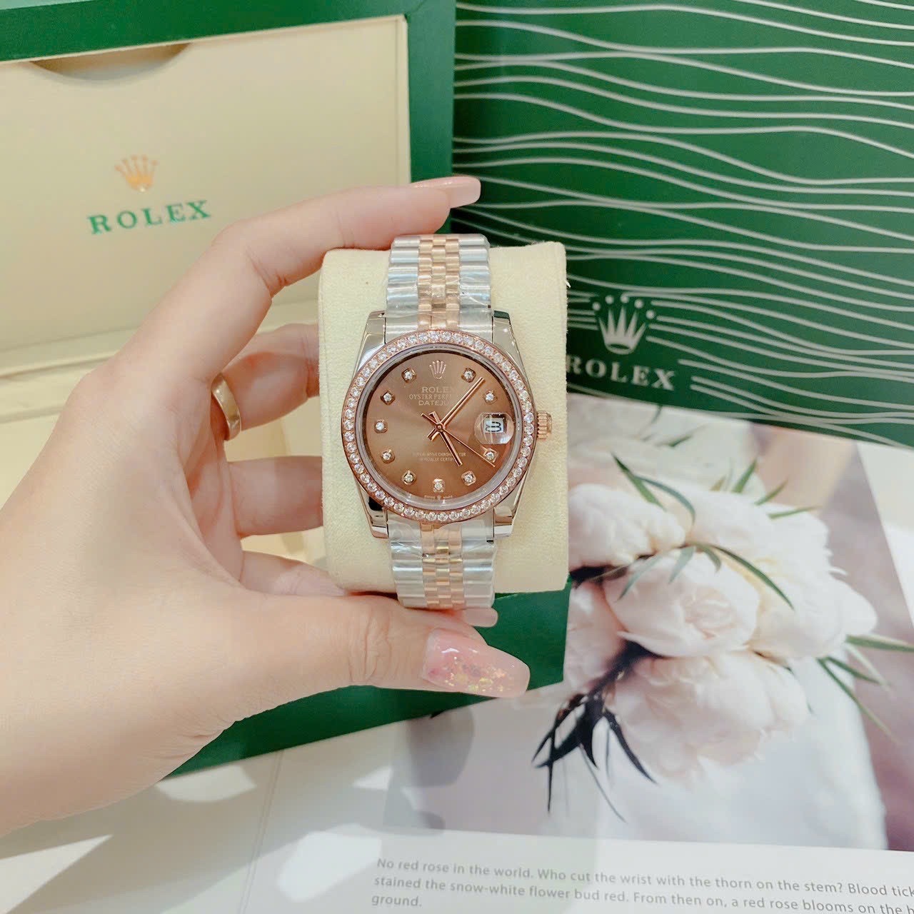 Đồng Hồ Rolex Đính Đá |Nữ Giới |Mặt Nâu |Dây Kim Loại Demi Rose |Máy Cơ (Automatic) |Size 36mm |donghogiatot.vn