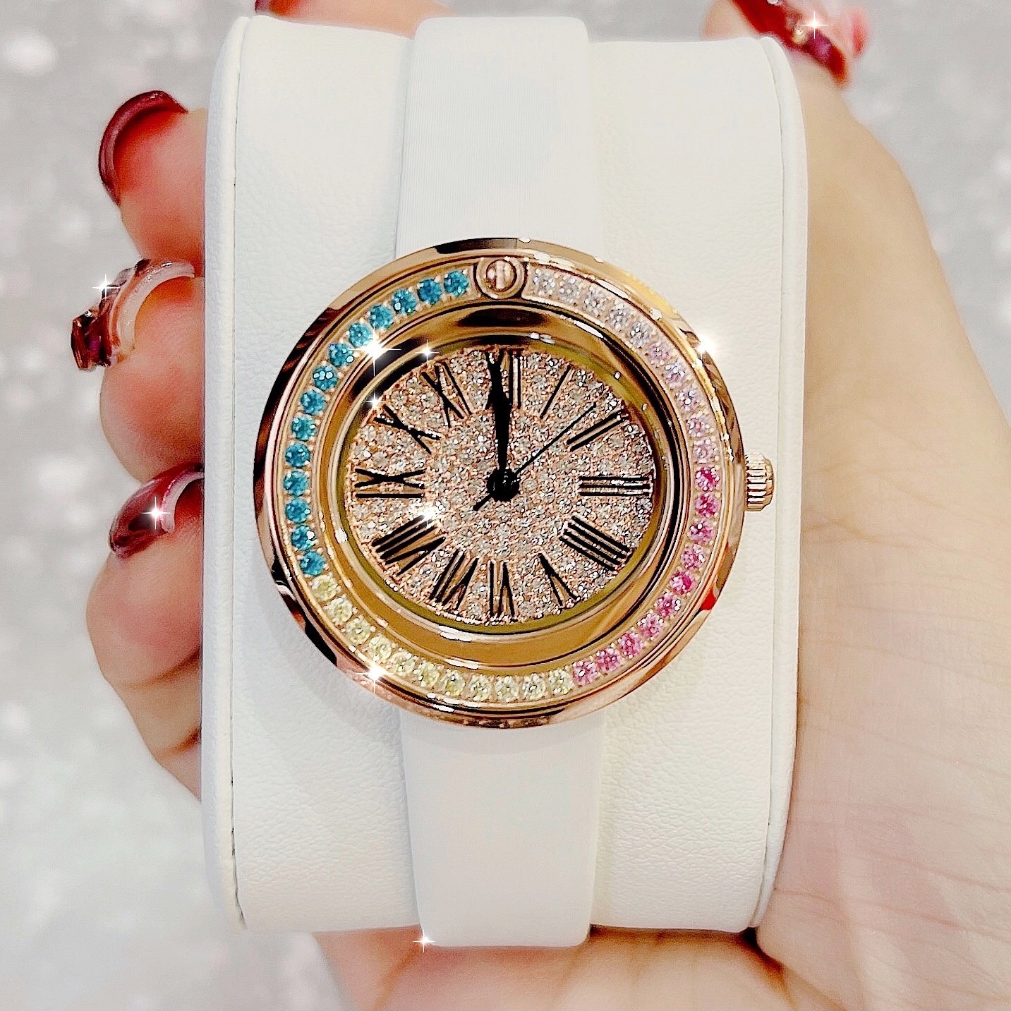 Đồng Hồ Davena Rose Gold |Nữ Giới |Đính Đá Nhiều Màu |Dây Da Trắng |Máy Pin (Quartz) |Size 30mm |donghogiatot.vn