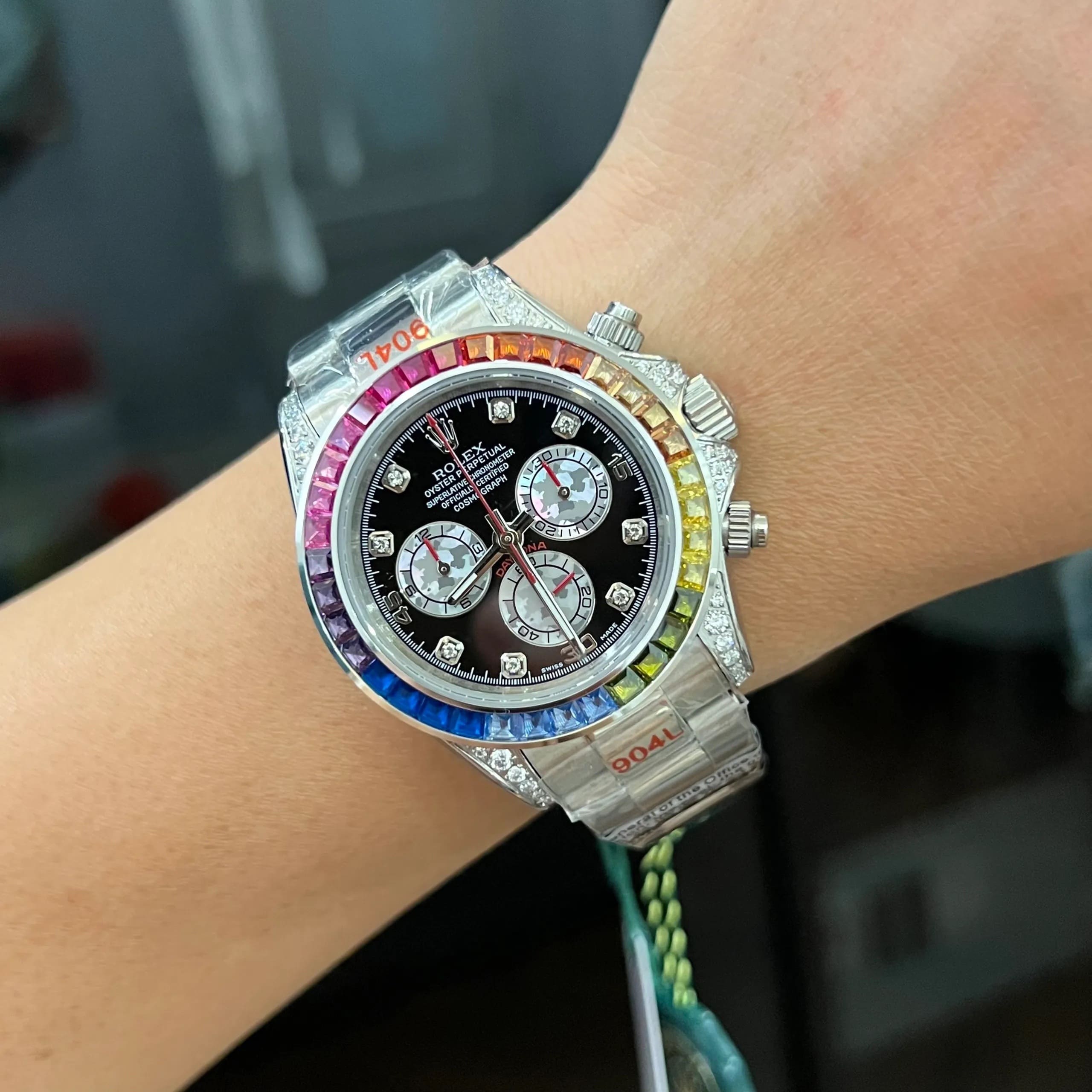 Đồng Hồ Rolex Daytona Rainbow |Nam Giới |Đính Đá |Dây Kim Loại Trắng Silver |Máy Cơ (Automatic) |Size 40mm |donghogiatot.vn