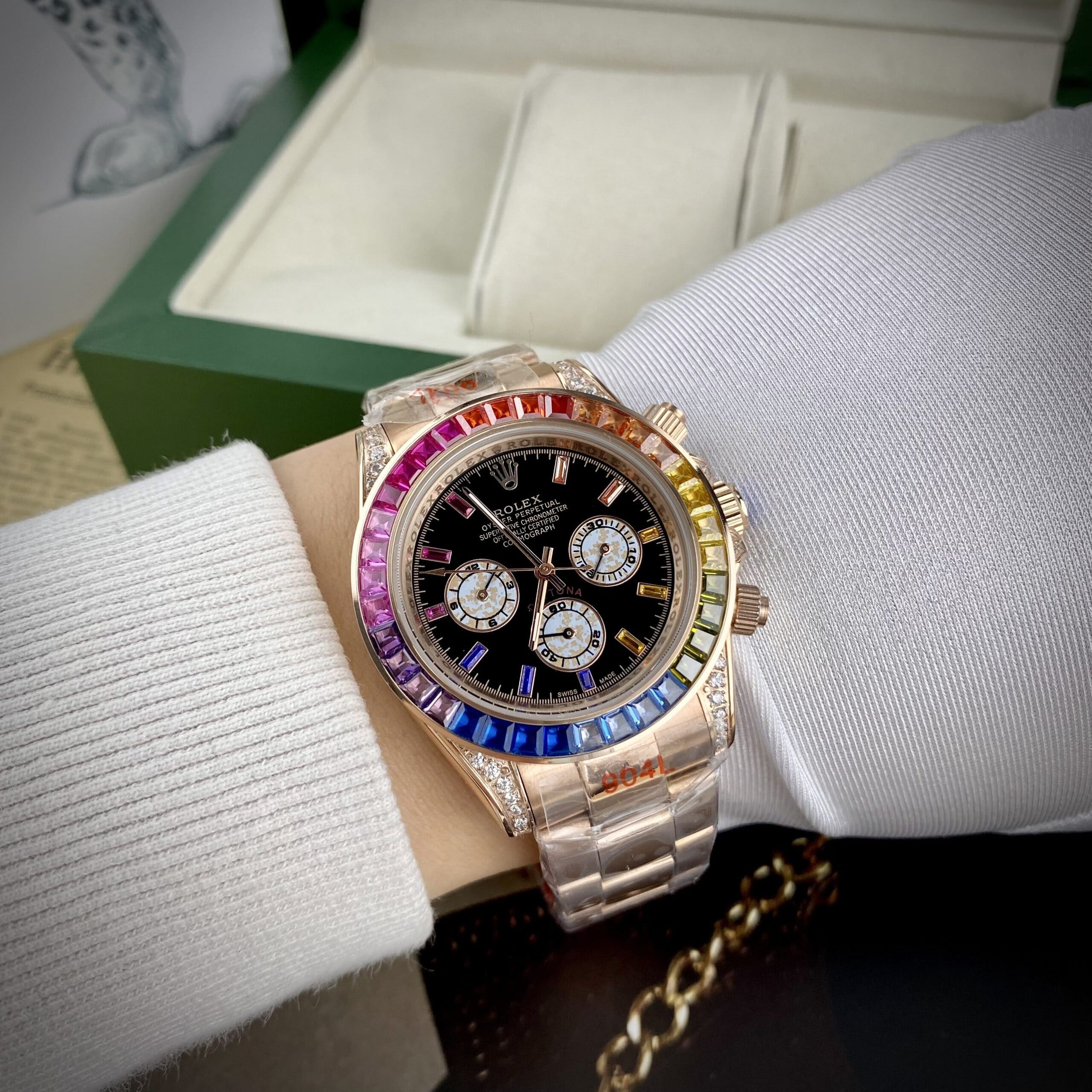 Đồng Hồ Rolex Daytona Rainbow |Nam Giới |Đính Đá |Dây Kim Loại Rose Gold |Máy Cơ (Automatic) |Size 40mm |donghogiatot.vn