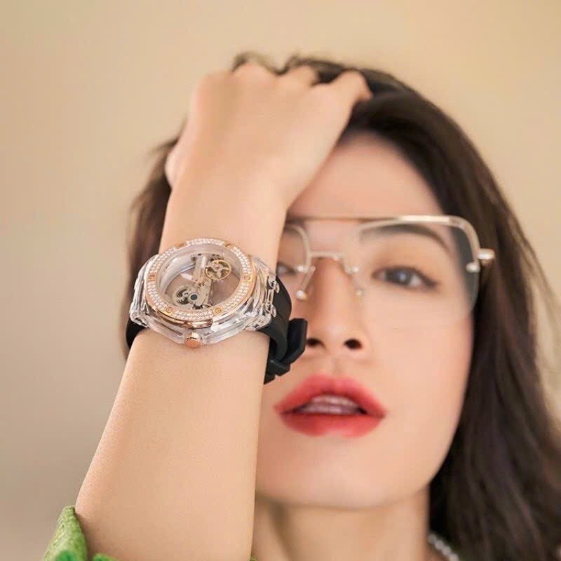 Đồng Hồ Davena Lộ Cơ |Unisex |Đính Đá |Rose Gold |Dây Silicone Đen |Máy Cơ (Automatic) |Size 42mm |donghogiatot.vn