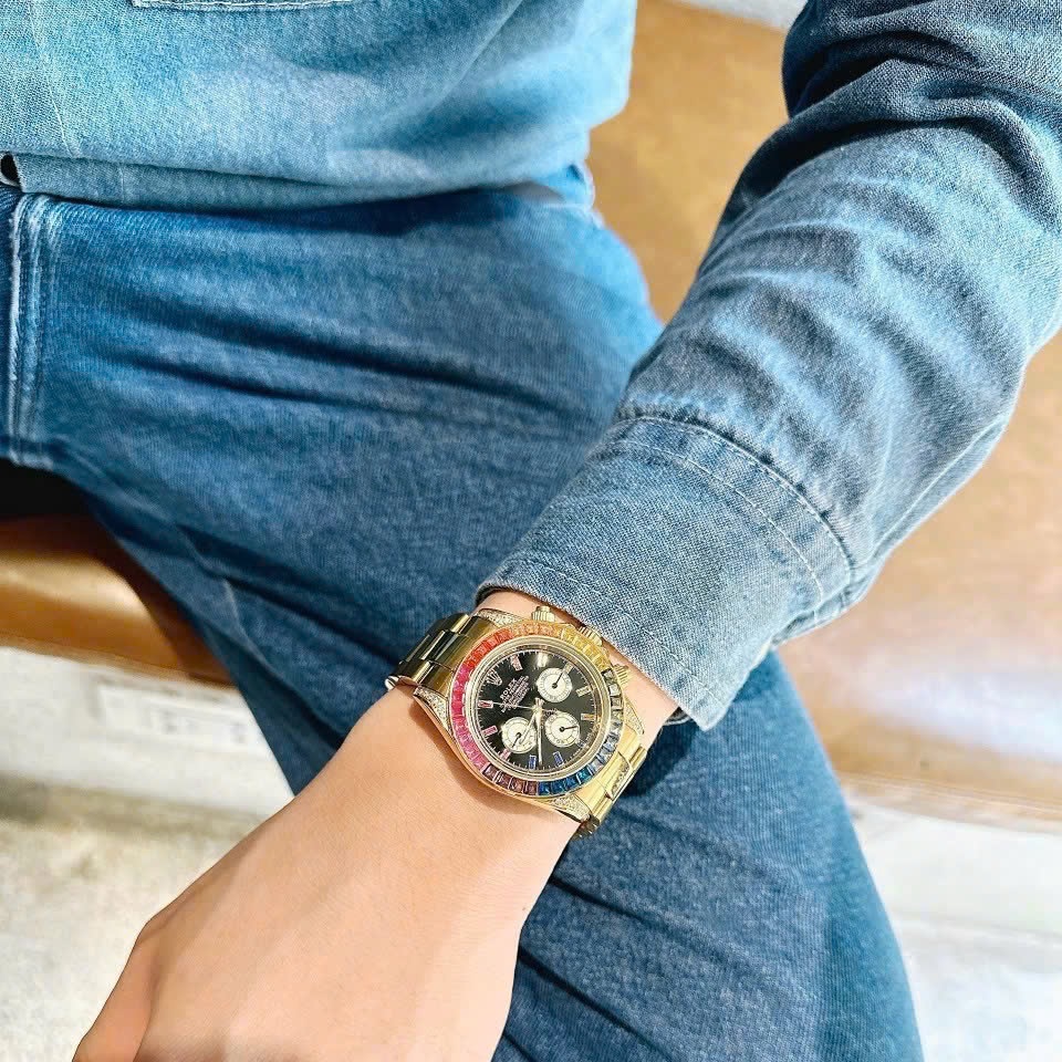 Đồng Hồ Rolex Daytona Rainbow |Nam Giới |Đính Đá |Dây Kim Loại Vàng Gold |Máy Cơ (Automatic) |Size 40mm |donghogiatot.vn