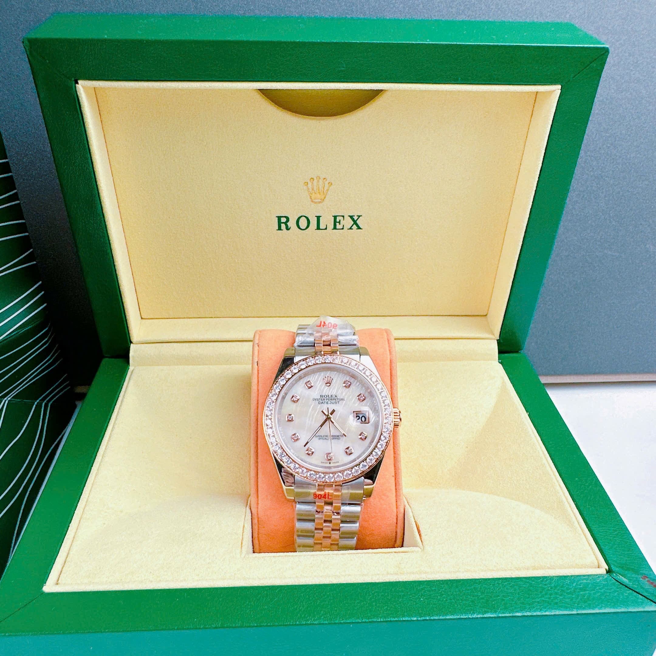 Đồng Hồ Rolex Đính Đá |Cặp Đôi |Mặt Trắng |Dây Kim Loại Demi Rose Gold |Máy Cơ (Automatic) |Size 41x31mm |donghogiatot.vn
