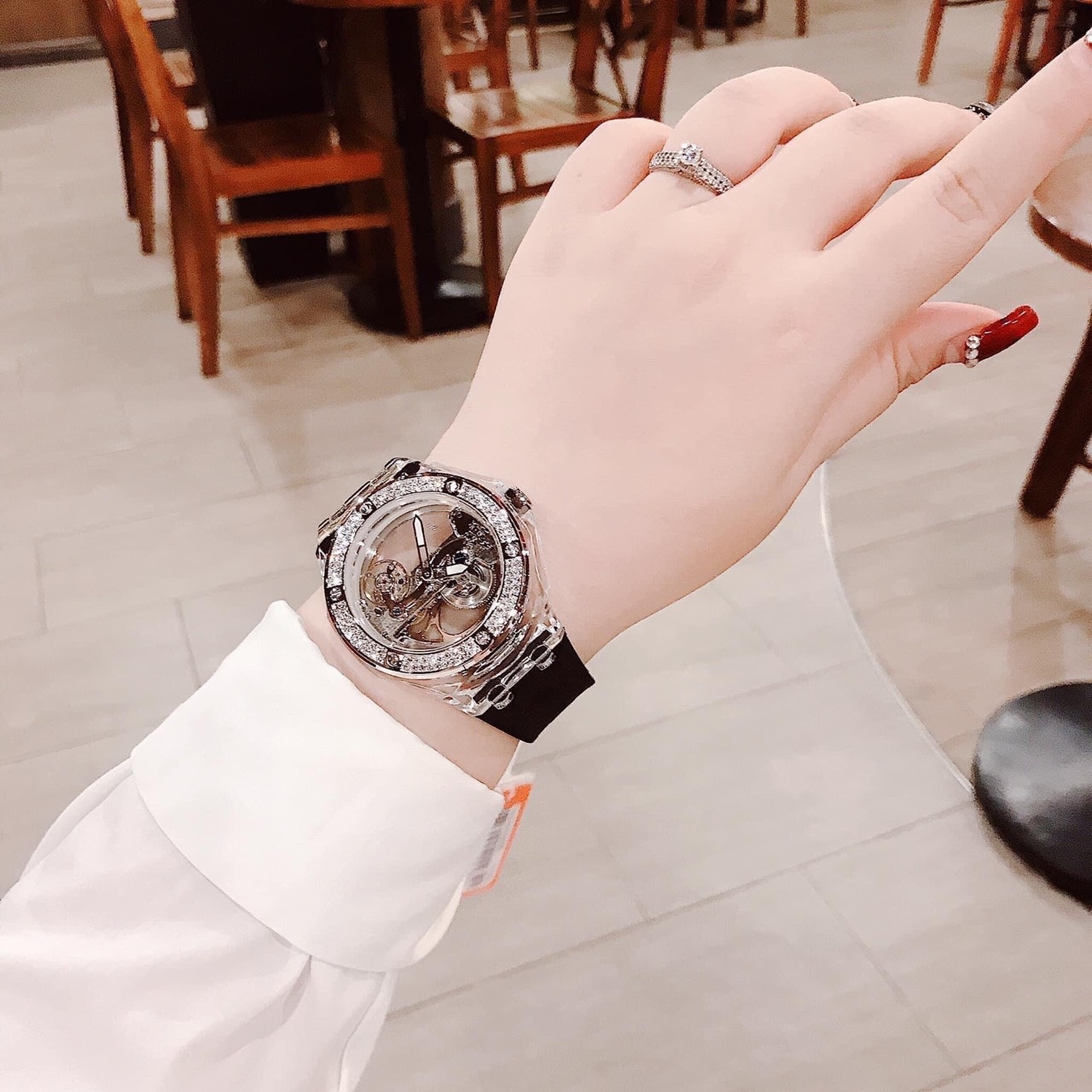 Đồng Hồ Davena Lộ Cơ |Unisex |Đính Đá |Rose Gold |Dây Silicone Nâu |Máy Cơ (Automatic) |Size 42mm |donghogiatot.vn