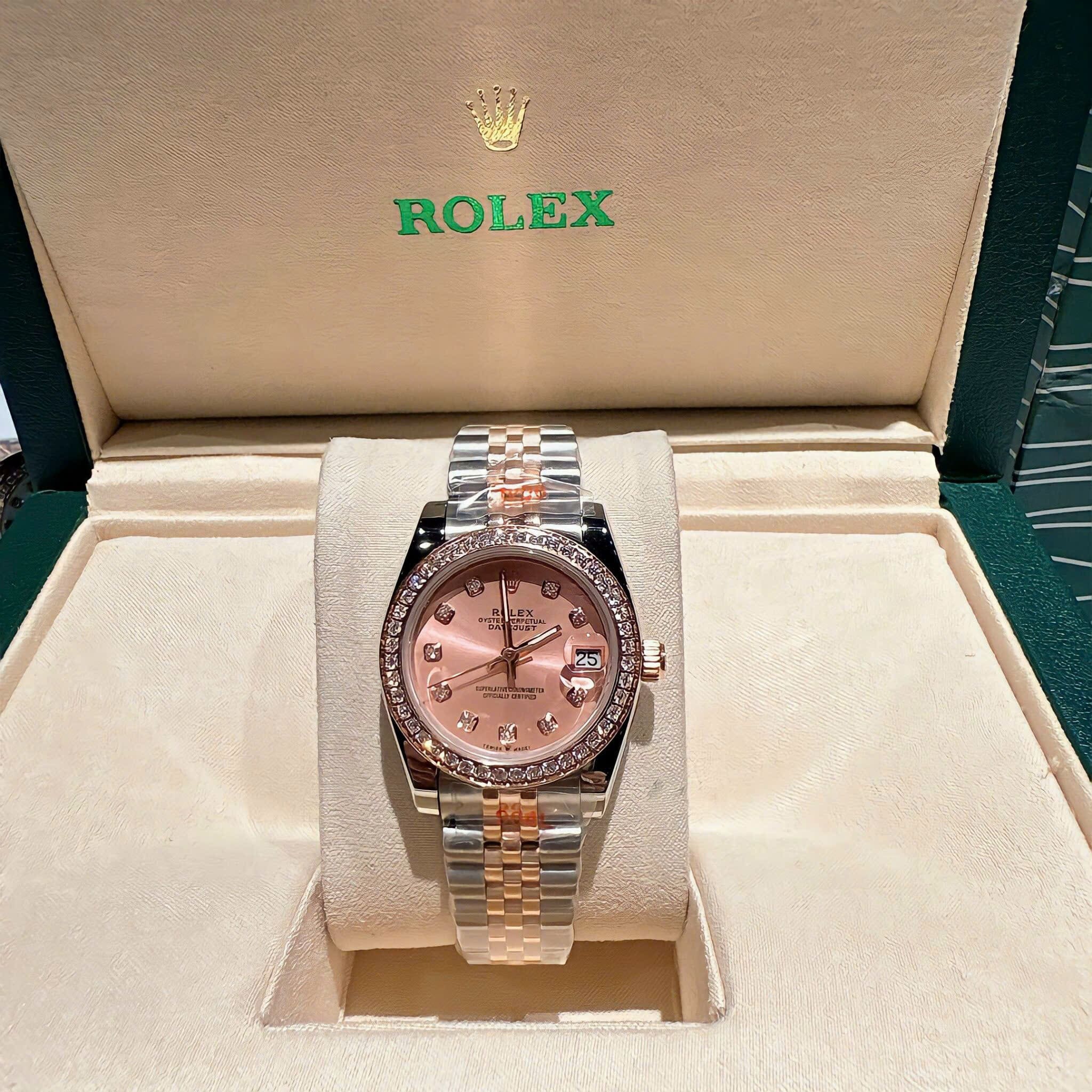Đồng Hồ Rolex Đính Đá |Nữ Giới |Mặt Hồng |Dây Kim Loại Demi Rose Gold |Máy Pin (Máy Quartz) |Size 31mm |donghogiatot.vn