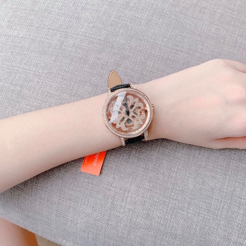 Đồng Hồ Davena Bông Hoa Xoay |Nữ Giới |Đính Đá Rose Gold |Dây Da Đen |Máy Pin (Quartz) |Size 39mm |donghogiatot.vn