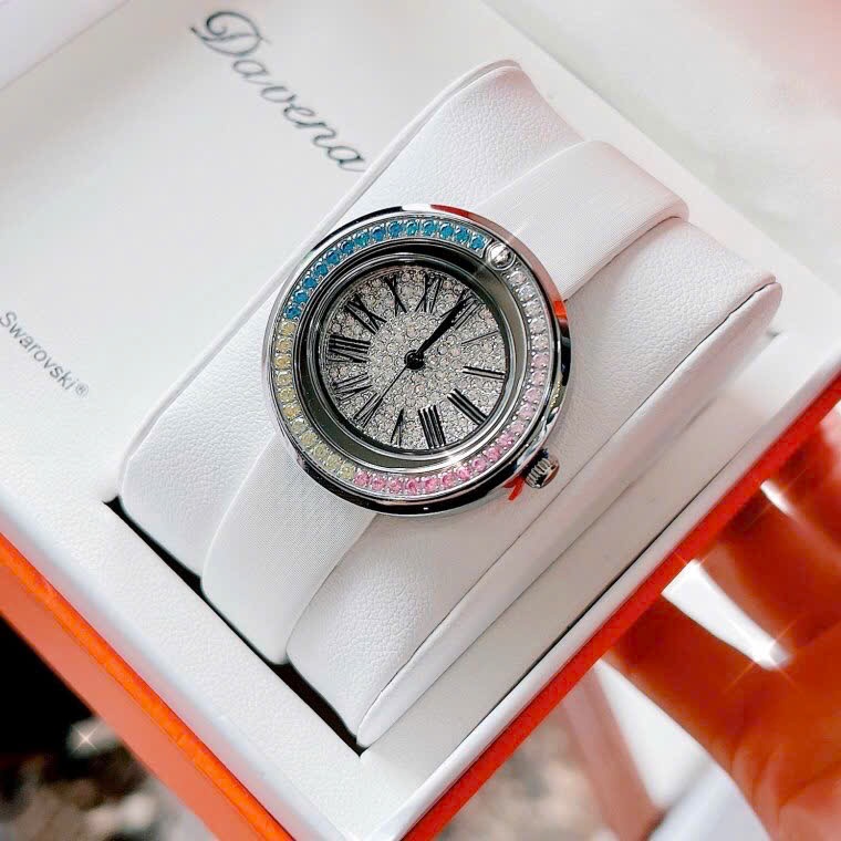 Đồng Hồ Davena Silver |Nữ Giới |Đính Đá Nhiều Màu |Dây Da Trắng |Máy Pin (Quartz) |Size 30mm |donghogiatot.vn