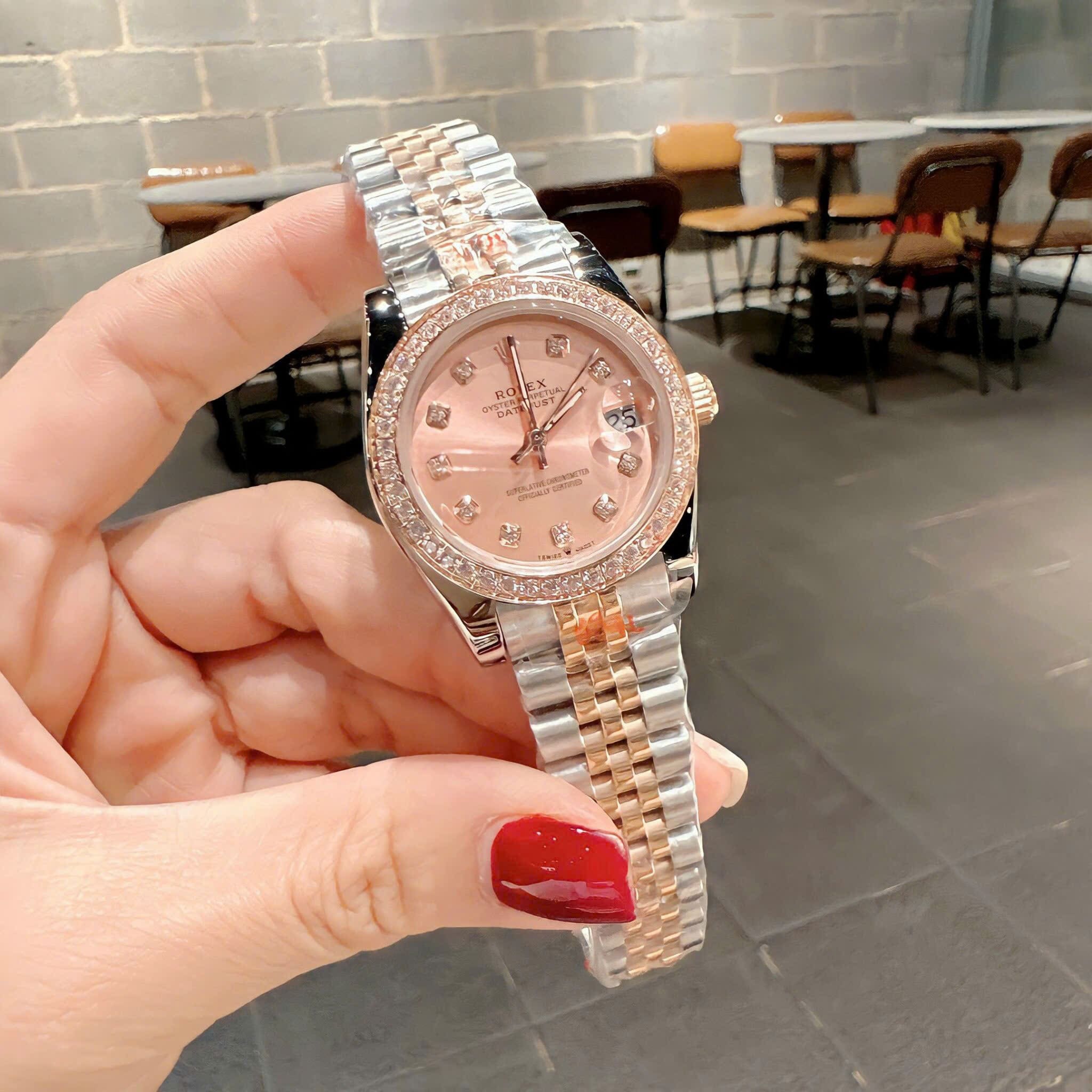 Đồng Hồ Rolex Đính Đá |Nữ Giới |Mặt Hồng |Dây Kim Loại Demi Rose Gold |Máy Pin (Máy Quartz) |Size 31mm |donghogiatot.vn