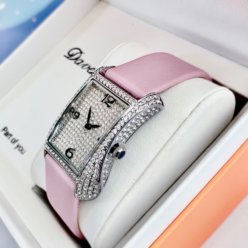 Đồng Hồ Davena Tựa Hermes |Nữ Giới |Full Đá Trắng Silver |Dây Da Tím |Máy Pin (Máy Quartz) |Size 28x40mm |donghogiatot.vn