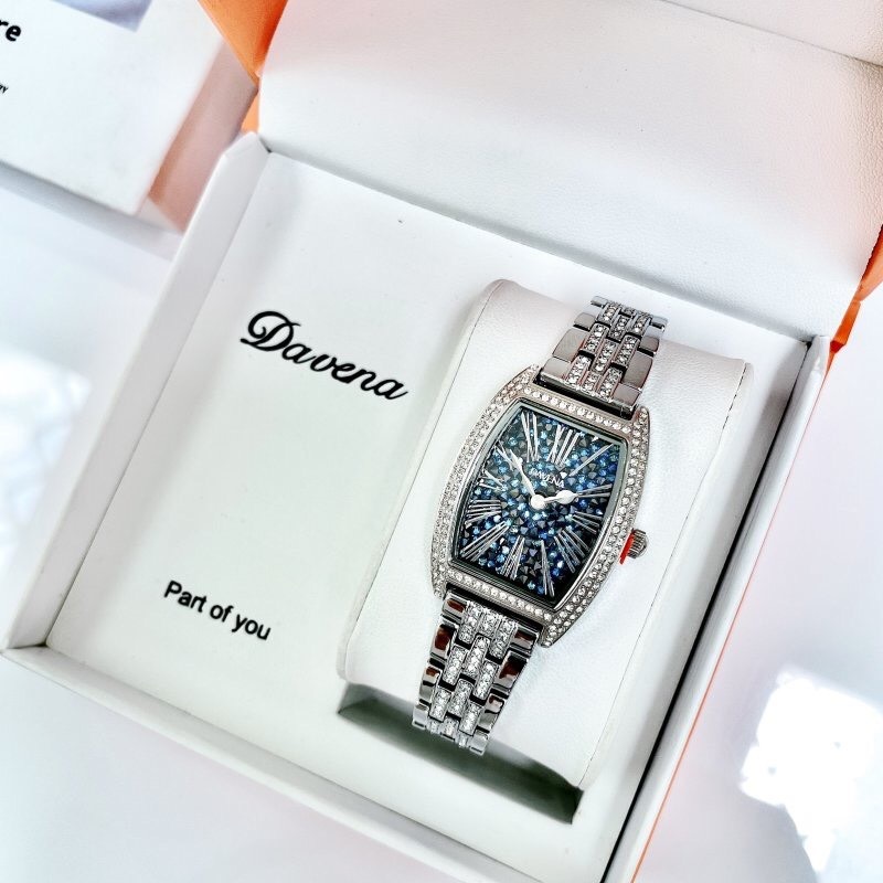 Đồng Hồ Davena Mặt Chữ Nhật |Nữ Giới |Full Đá Nhũ Xanh |Dây Kim Loại Silver |Máy Pin (Quartz) |Size 25x36mm |donghogiatot.vn