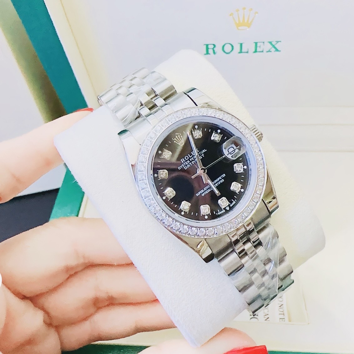 Đồng Hồ Rolex Đính Đá |Cặp Đôi |Mặt Đen |Dây Kim Loại Trắng Silver |Máy Pin (Máy Quartz) |Size 36x31mm |donghogiatot.vn