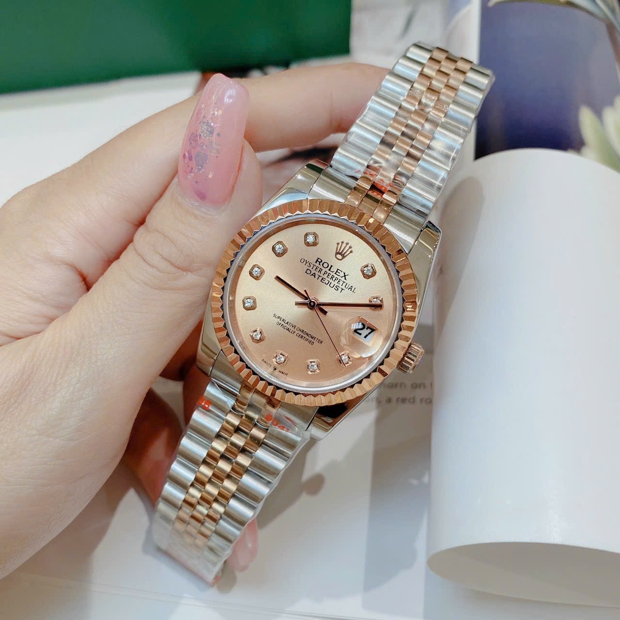 Đồng Hồ Rolex Niềng Khía |Nữ Giới |Mặt Hồng Trà |Dây Kim Loại Demi Rose |Máy Cơ (Automatic) |Size 36mm |donghogiatot.vn