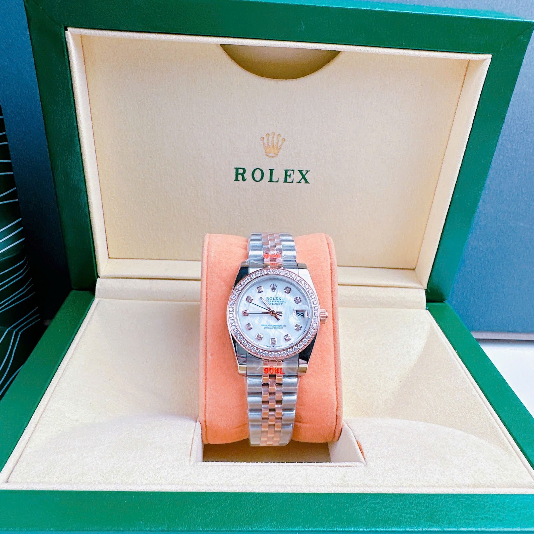 Đồng Hồ Rolex Đính Đá |Cặp Đôi |Mặt Trắng |Dây Kim Loại Demi Rose Gold |Máy Cơ (Automatic) |Size 41x31mm |donghogiatot.vn