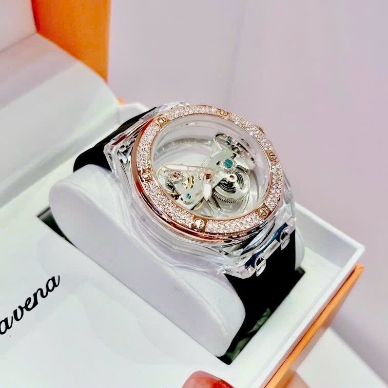 Đồng Hồ Davena Lộ Cơ |Unisex |Đính Đá |Rose Gold |Dây Silicone Đen |Máy Cơ (Automatic) |Size 42mm |donghogiatot.vn
