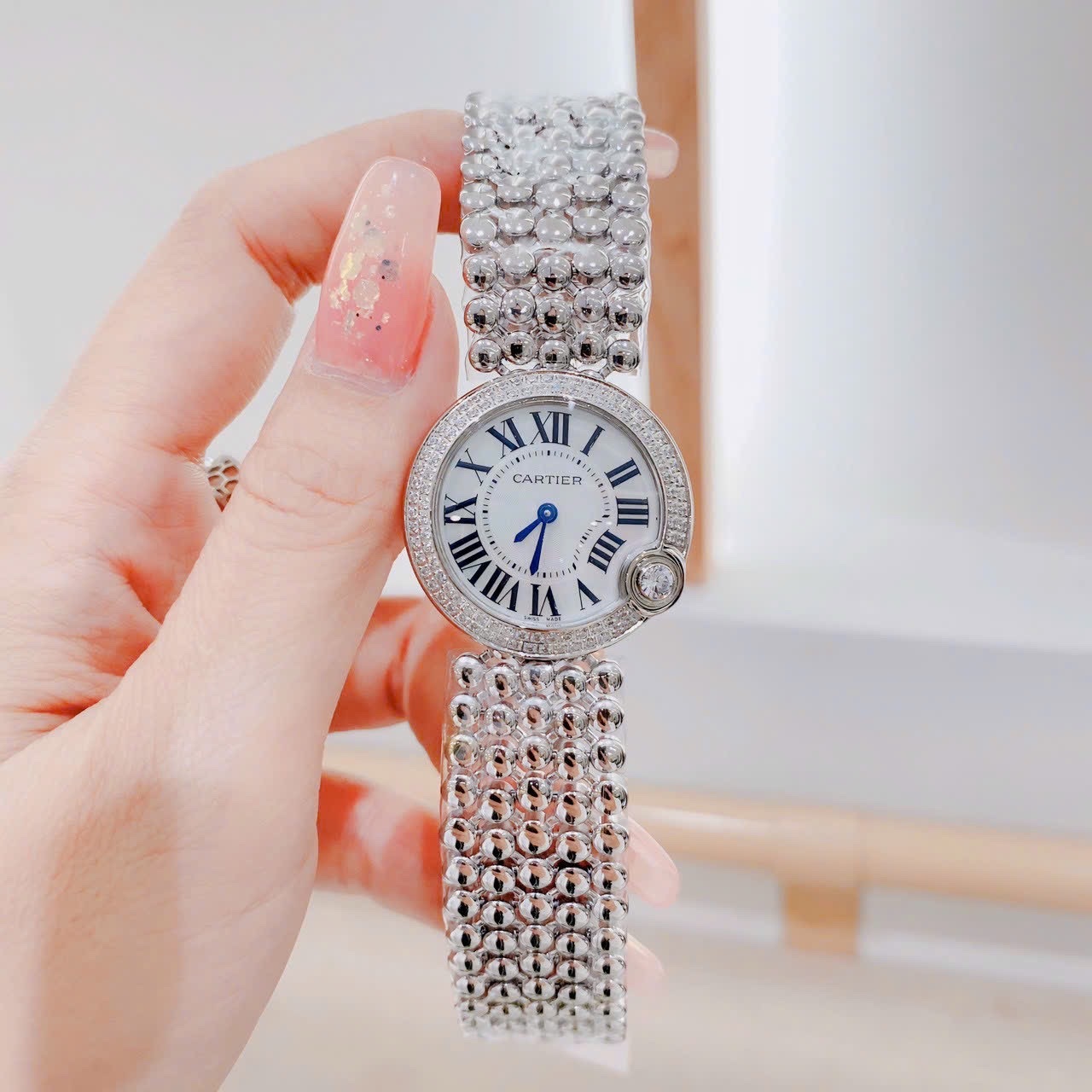 Đồng Hồ Cartier Ballon Blanc |Nữ Giới |Mặt Trắng |Đính Đá |Dây Kim Loại Silver |Máy Pin (Quartz) |Size 30mm |donghogiatot.vn