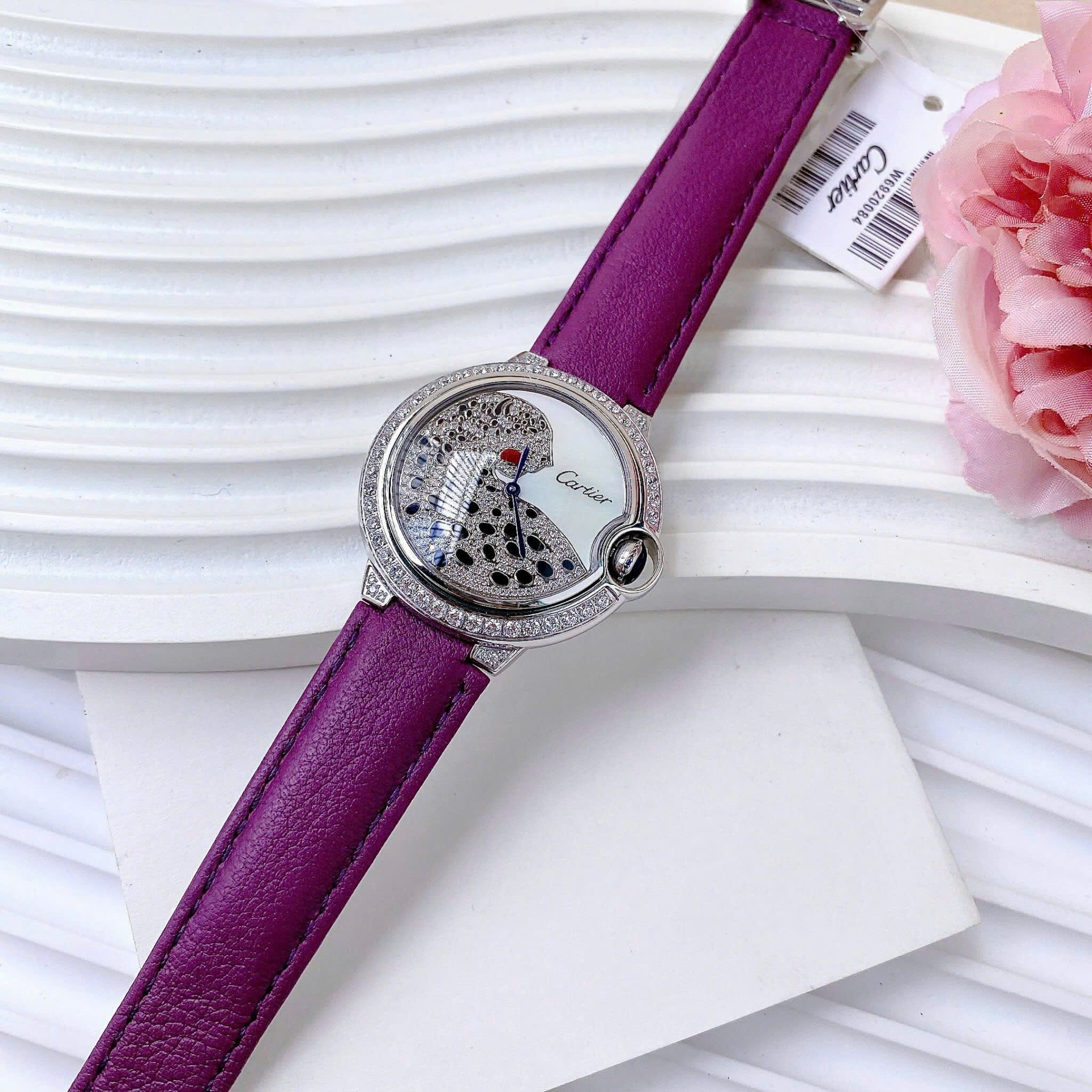 Đồng Hồ Cartier Ballon Bleu Panther |Nữ Giới |Đính Đá |Dây Da Tím |Máy Pin (Quartz) |Size 36mm |dontghogiatot.vn