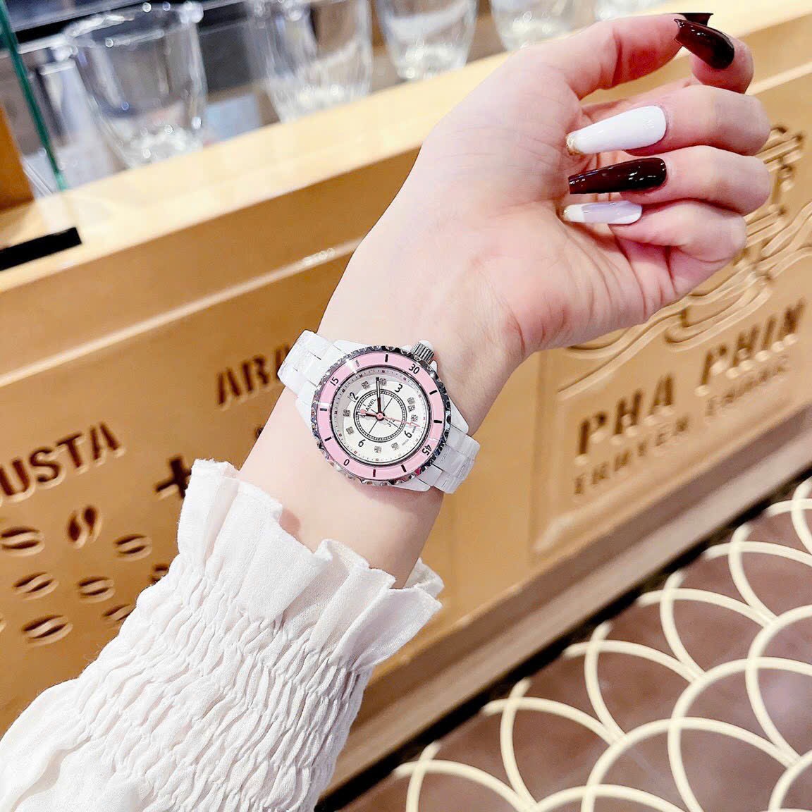 Đồng Hồ Chanel Hoa J12 |Nữ Giới |Niềng Hồng |Dây Đá Ceramica Trắng |Máy Pin (Quartz) |Size 34mm |donghogiatot.vn