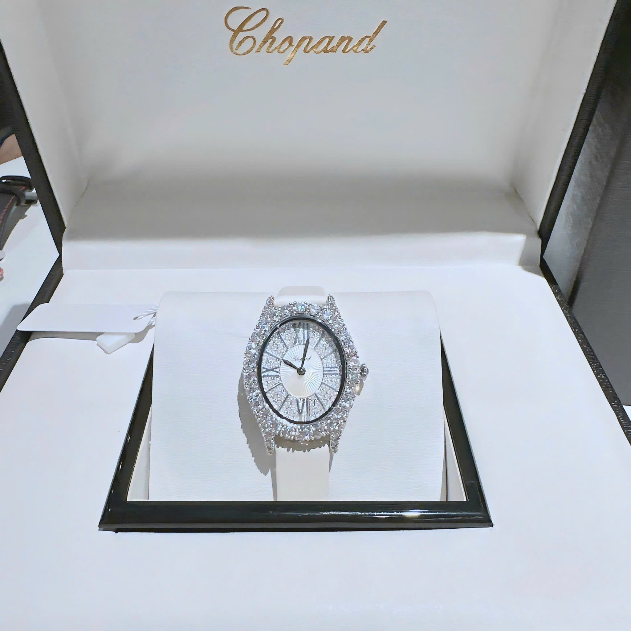 Đồng Hồ Chopard Mặt Elip |Nữ Giới |Full Đá Swarovski |Dây Da Trắng |Máy Pin (Quartz) |Size 32mm |donghogiatot.vn