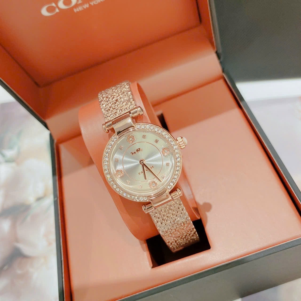 Đồng Hồ Coach Carry |Nữ Giới |Mặt Tròn |Đính Đá |Dây Lưới Rose Gold |Máy Pin (Quartz) |Size 26mm |donghogiatot.vn