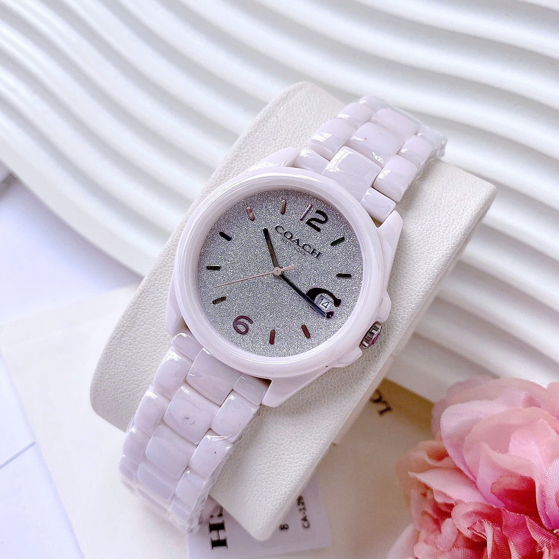 Đồng Hồ Coach Greyson |Nữ Giới |Đính Đá Xám |Dây Đá Ceramic Hồng |Máy Pin (Quartz) |Size 36mm |donghogiatot.vn