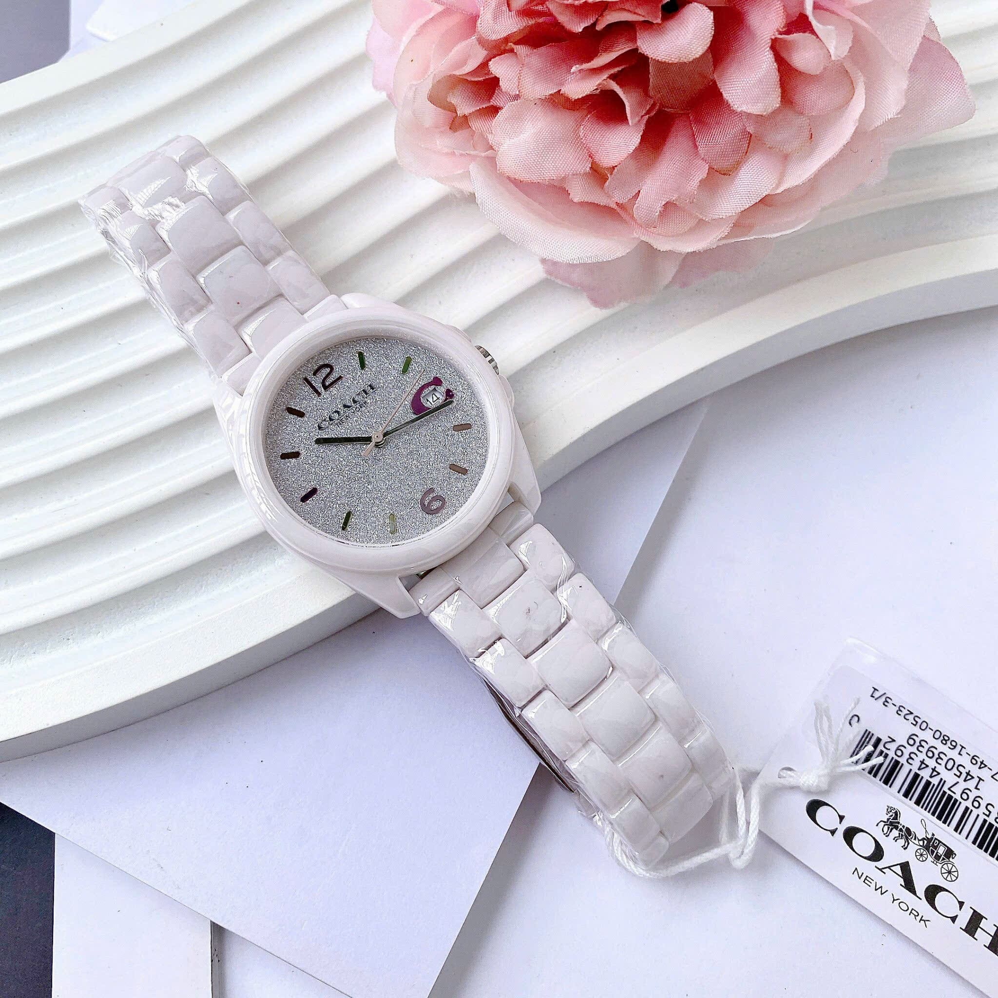 Đồng Hồ Coach Greyson |Nữ Giới |Đính Đá Xám |Dây Đá Ceramic Hồng |Máy Pin (Quartz) |Size 36mm |donghogiatot.vn