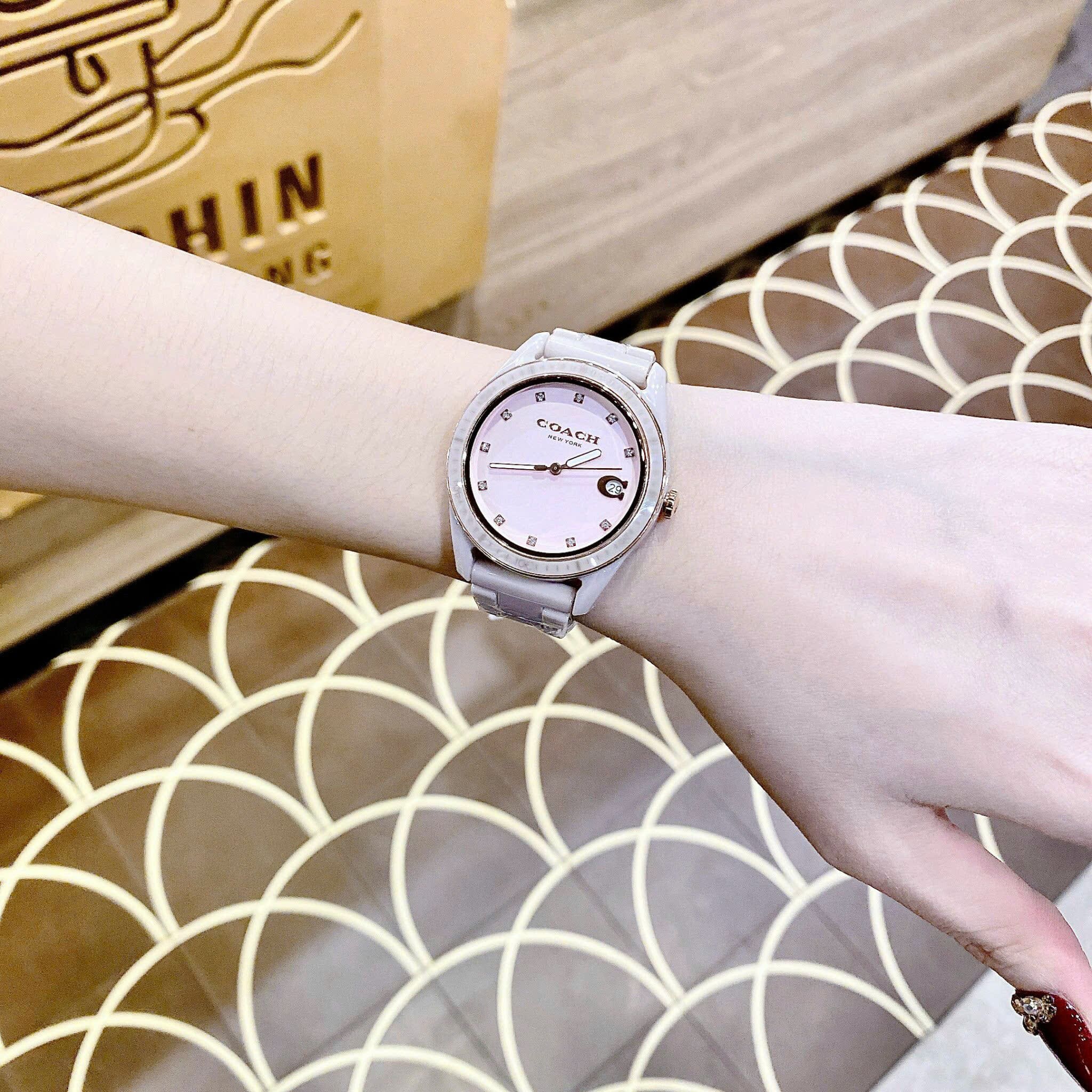 Đồng Hồ Coach Preston |Nữ Giới |Mặt Niềng Bezel |Dây Đá Ceramic Hồng |Máy Pin (Quartz) |Size 36mm |donghogiatot.vn