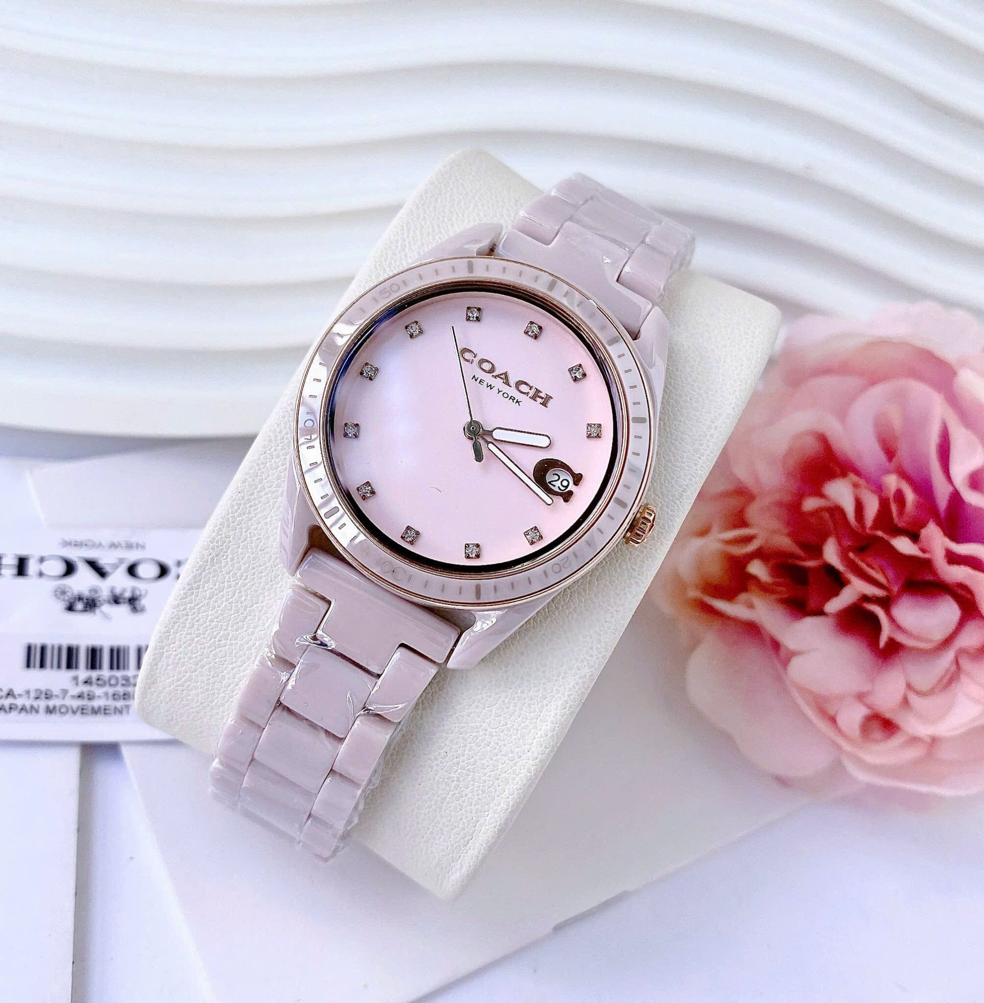 Đồng Hồ Coach Preston |Nữ Giới |Mặt Niềng Bezel |Dây Đá Ceramic Hồng |Máy Pin (Quartz) |Size 36mm |donghogiatot.vn