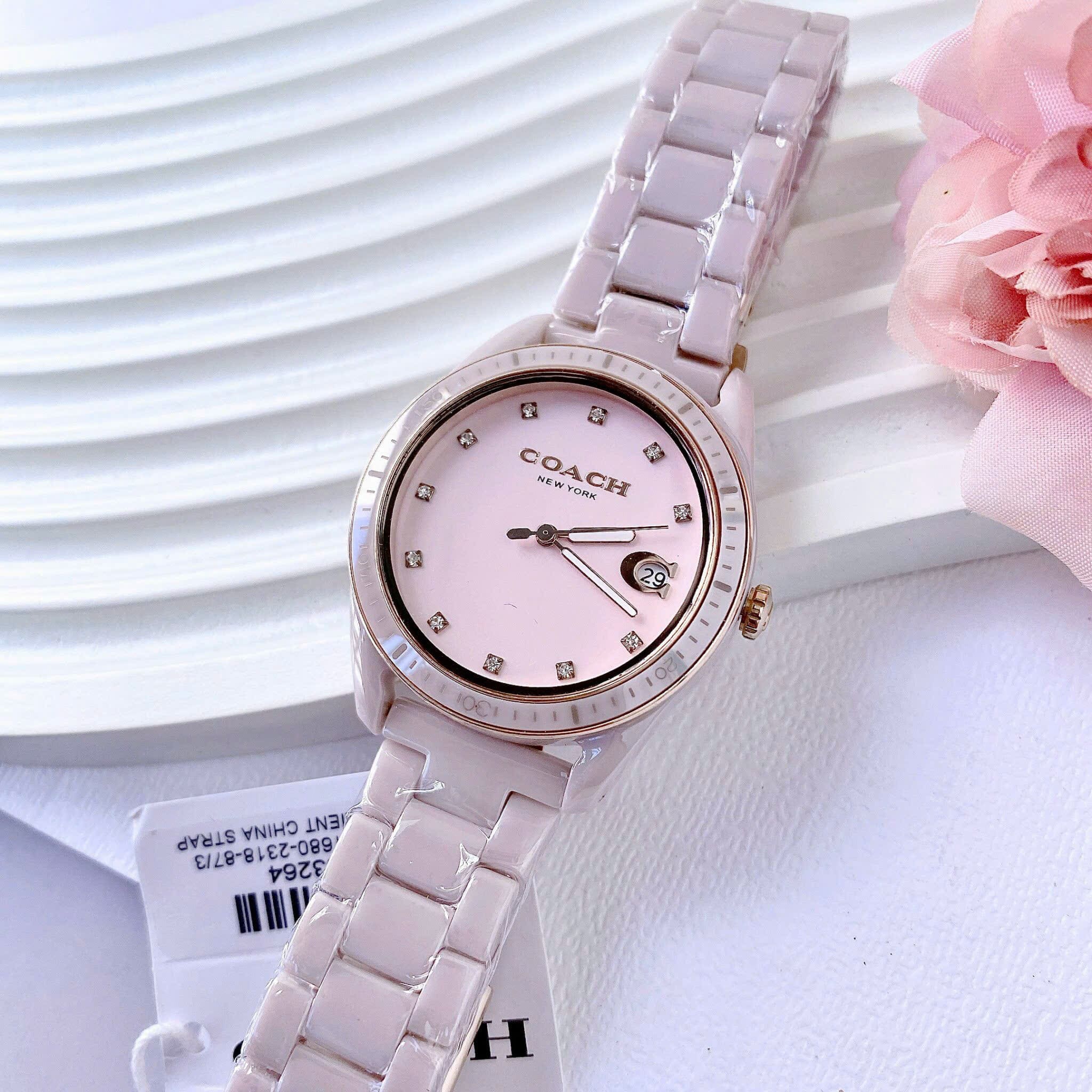 Đồng Hồ Coach Preston |Nữ Giới |Mặt Niềng Bezel |Dây Đá Ceramic Hồng |Máy Pin (Quartz) |Size 36mm |donghogiatot.vn
