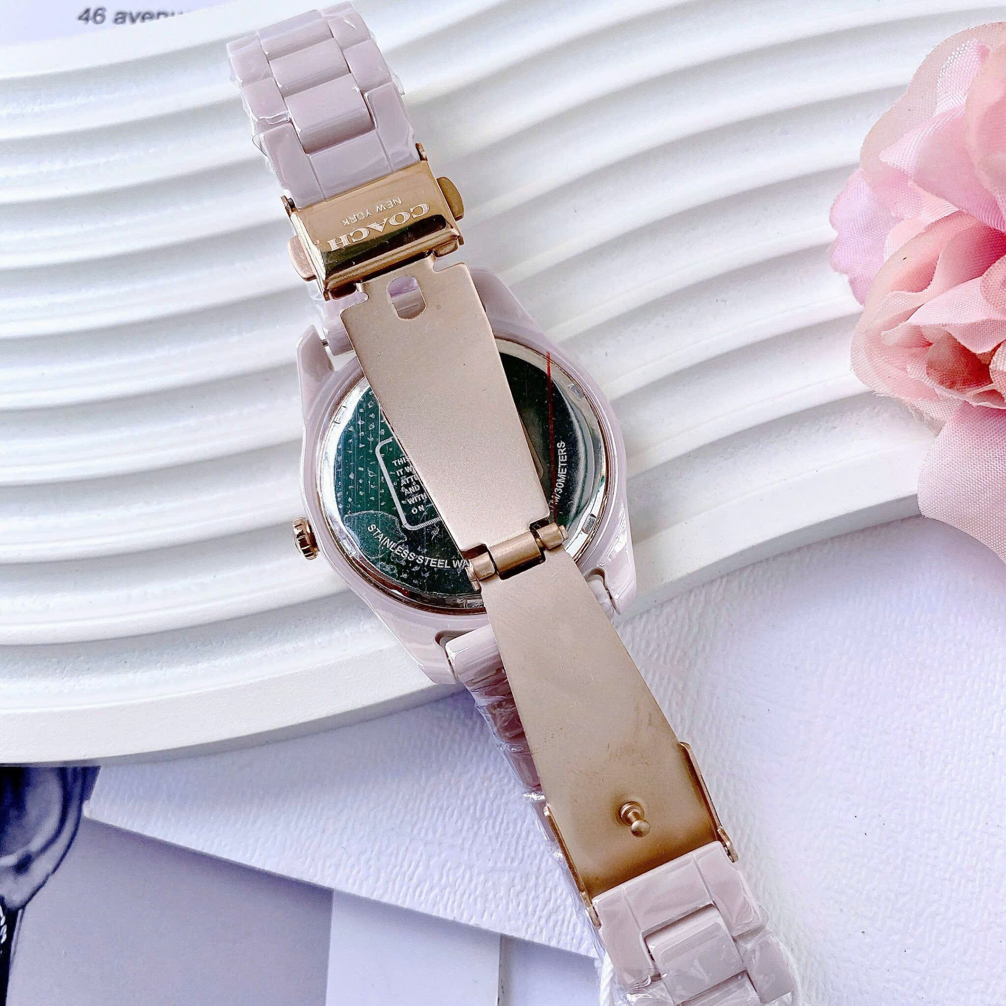 Đồng Hồ Coach Preston |Nữ Giới |Mặt Niềng Bezel |Dây Đá Ceramic Hồng |Máy Pin (Quartz) |Size 36mm |donghogiatot.vn
