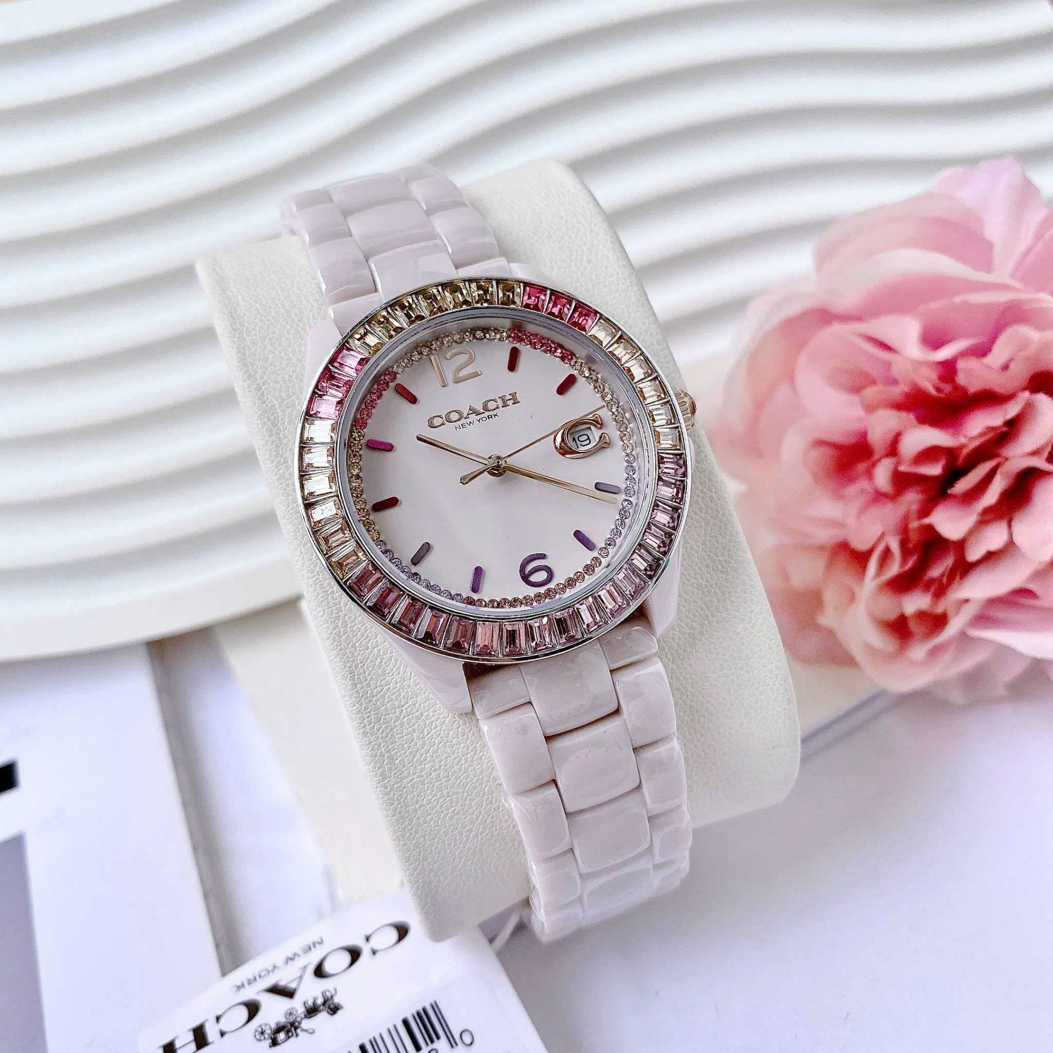 Đồng Hồ Coach Rainbow |Nữ Giới |Đính Đá Nhiều Màu |Dây Đá Ceramic Hồng |Máy Pin (Quartz) |Size 36mm |donghogiatot.vn