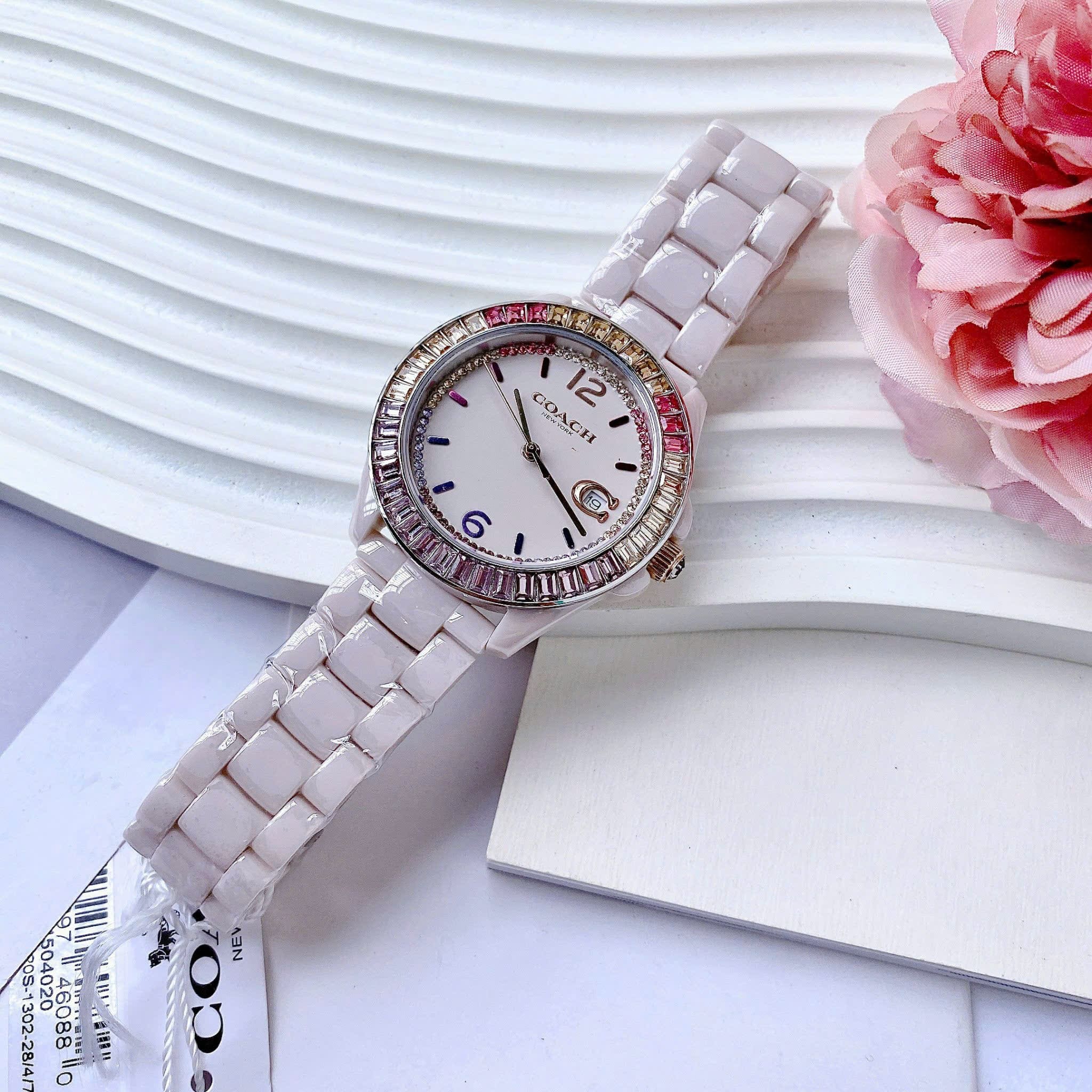 Đồng Hồ Coach Rainbow |Nữ Giới |Đính Đá Nhiều Màu |Dây Đá Ceramic Hồng |Máy Pin (Quartz) |Size 36mm |donghogiatot.vn