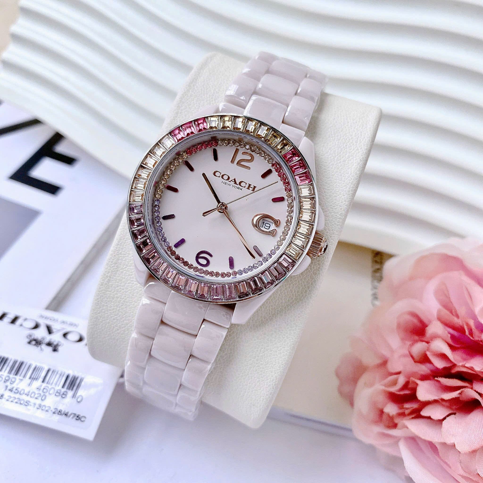 Đồng Hồ Coach Rainbow |Nữ Giới |Đính Đá Nhiều Màu |Dây Đá Ceramic Hồng |Máy Pin (Quartz) |Size 36mm |donghogiatot.vn