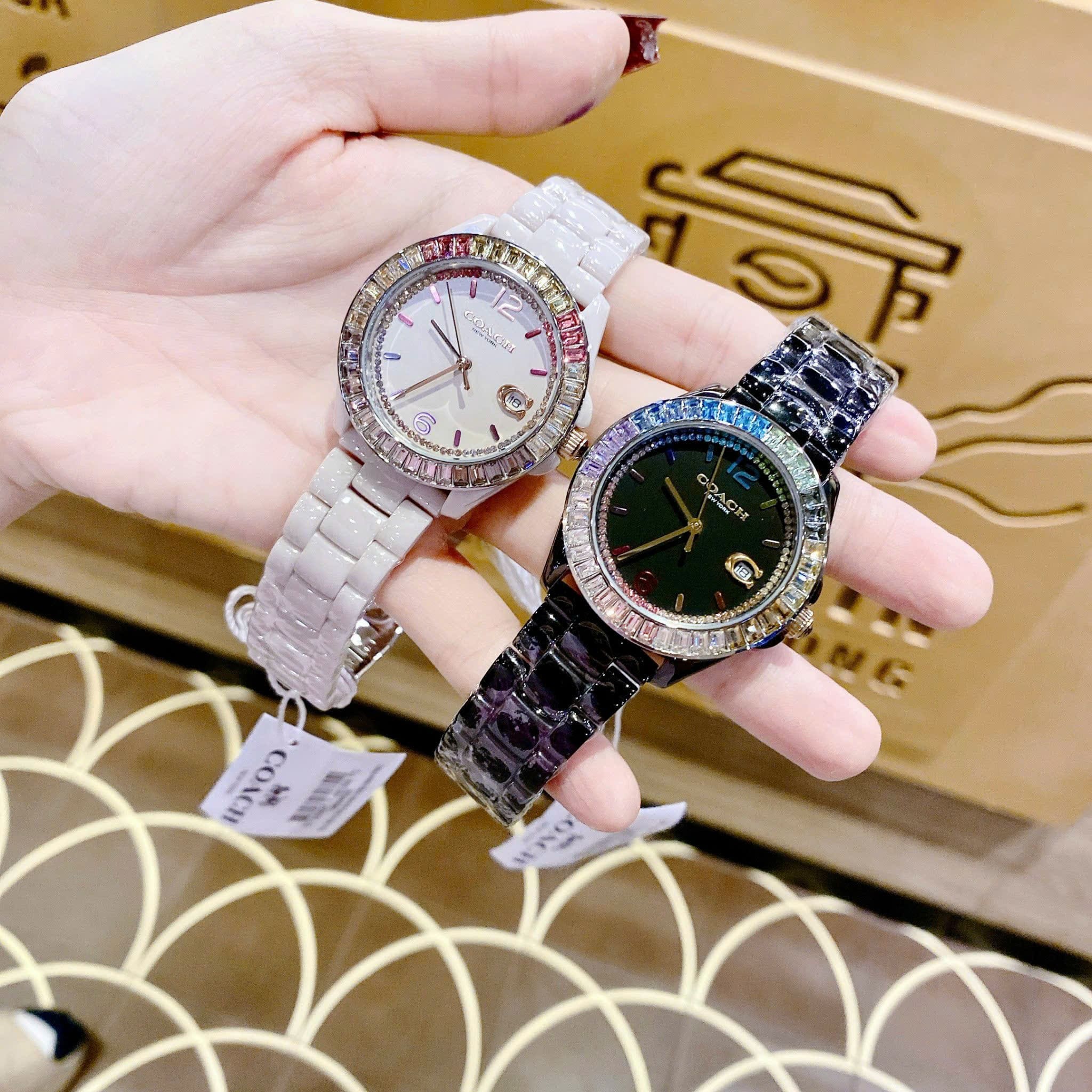 Đồng Hồ Coach Rainbow |Nữ Giới |Đính Đá Nhiều Màu |Dây Đá Ceramic Hồng |Máy Pin (Quartz) |Size 36mm |donghogiatot.vn