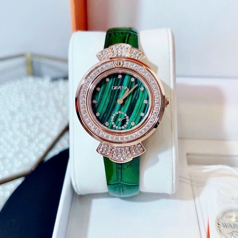Đồng Hồ Davena 3 Kim |Nữ Giới |Đính Đá Rose Gold |Dây Da Xanh Lá |Máy Pin (Máy Quartz) |Size 32mm |donghogiatot.vn