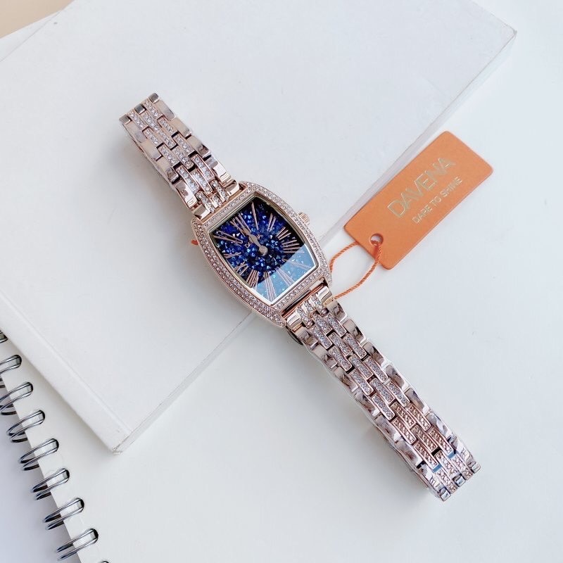Đồng Hồ Davena Mặt Chữ Nhật |Nữ Giới |Full Đá Nhũ Xanh |Dây Kim Loại Rose Gold |Máy Pin (Quartz) |Size 25x36mm |donghogiatot.vn